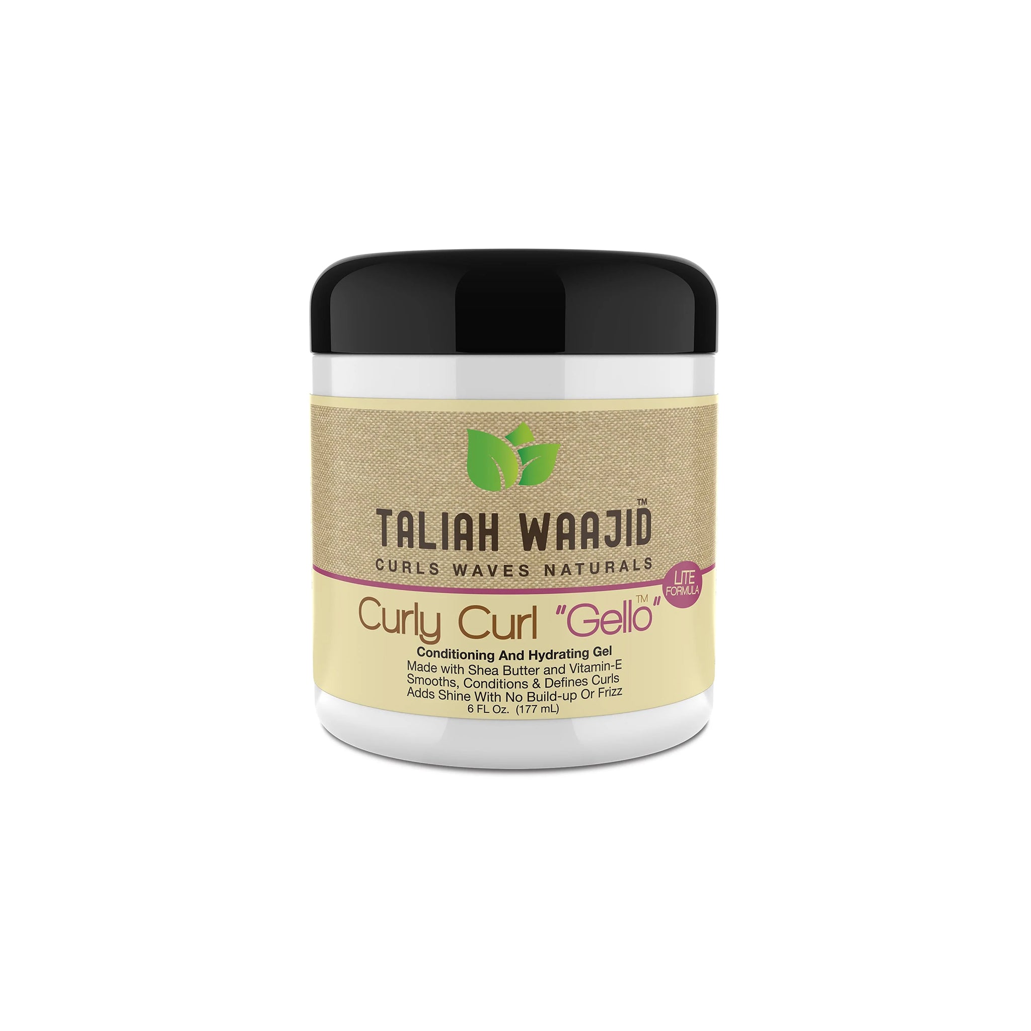 Taliah Waajid Curls Waves Naturals Curly Curl "Gello" i hvid beholder med beige og lilla stribe, sort låg og tekst med produktbeskrivelse.