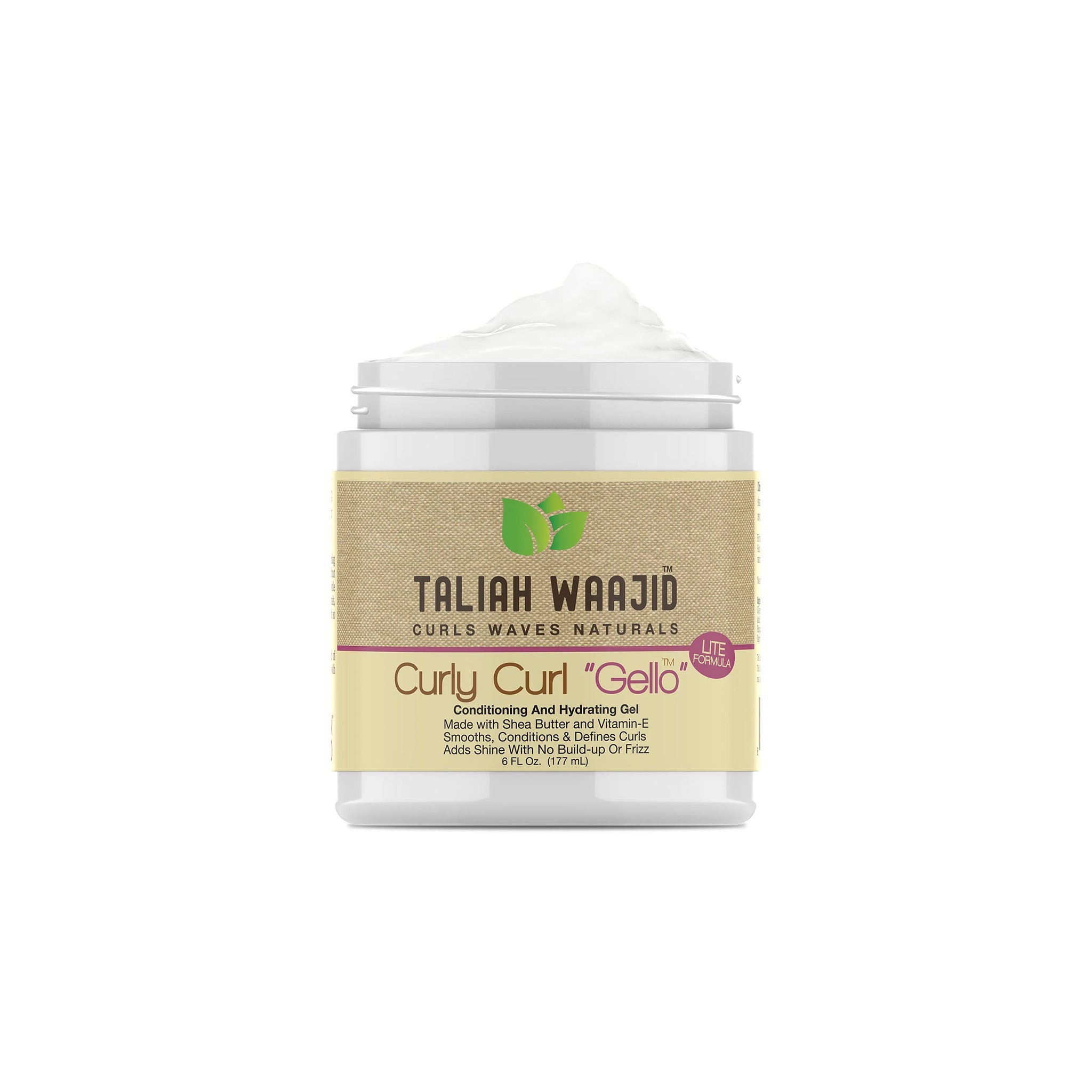 Åben krukke med Taliah Waajid Curls Waves Naturals Curly Curl "Gello", synligt hvidt gel og beige etiket med grøn og lilla tekst.