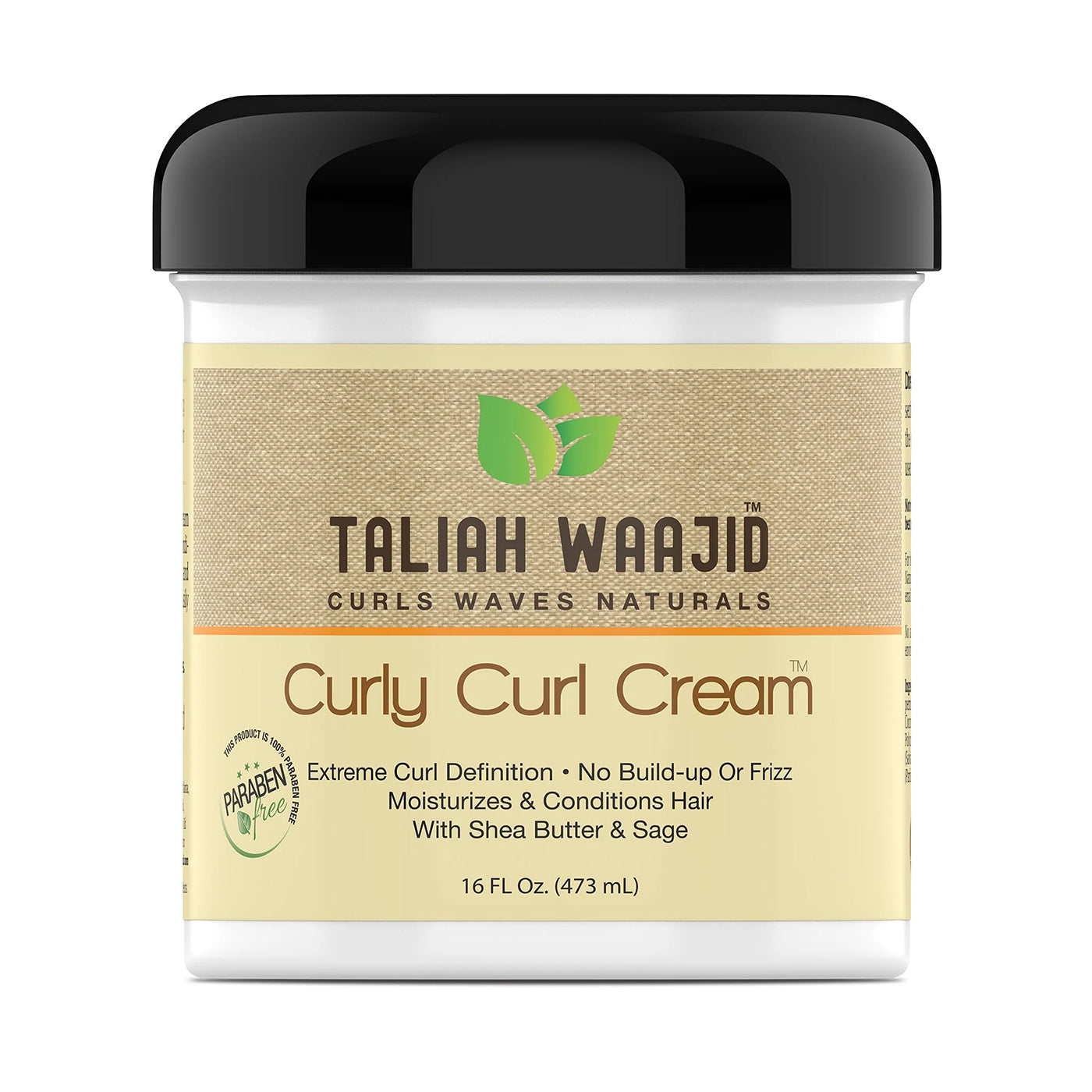Taliah Waajid Curls Waves Naturals Curly Curl Cream i firkantet beholder med sort låg, beige etiket og tekst om krølledefinition og pleje.