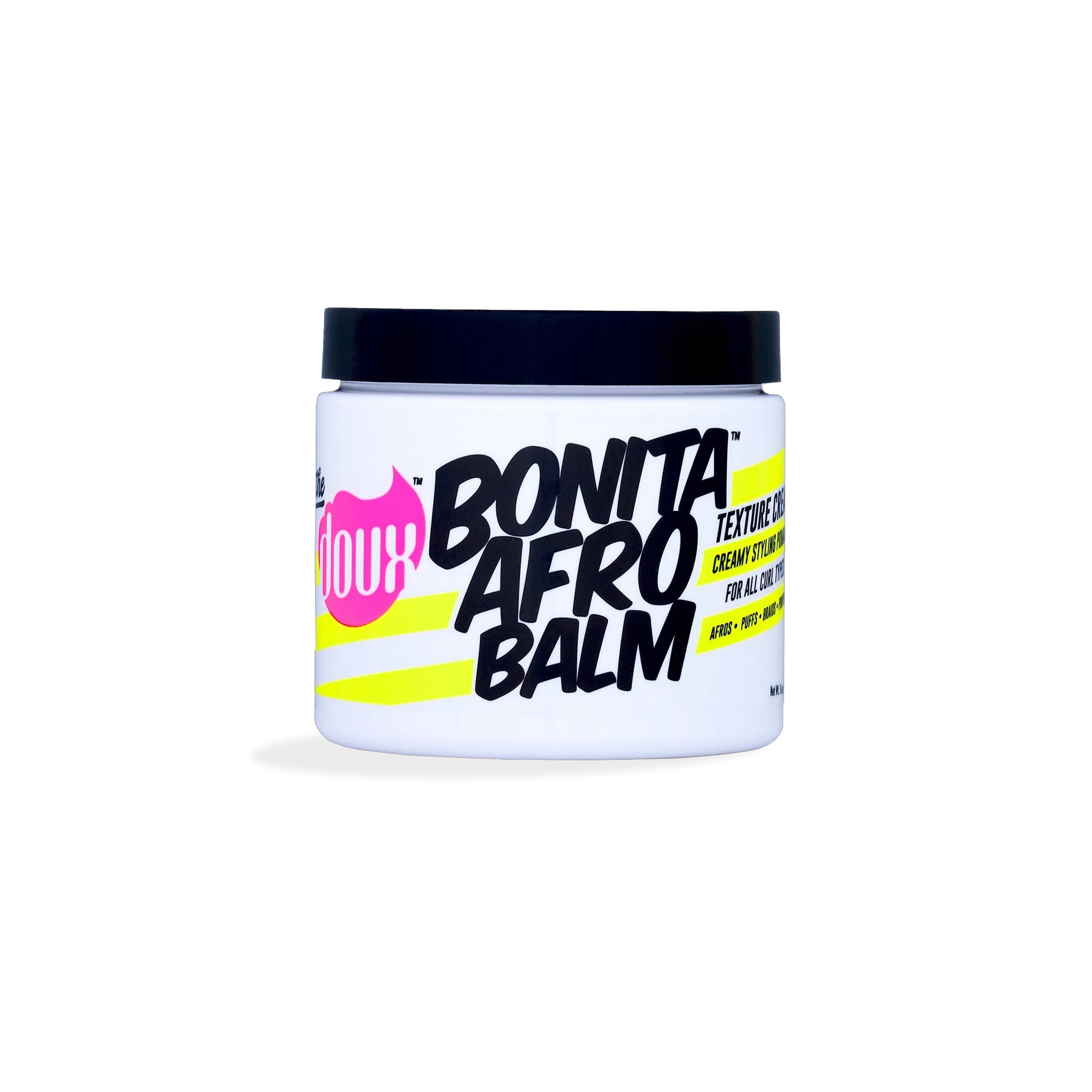 Hvid dåse i plast med sort låg indeholdende The Doux Bonita Afro Balm Texture Cream. Etiketten er pink, sort og gul.
