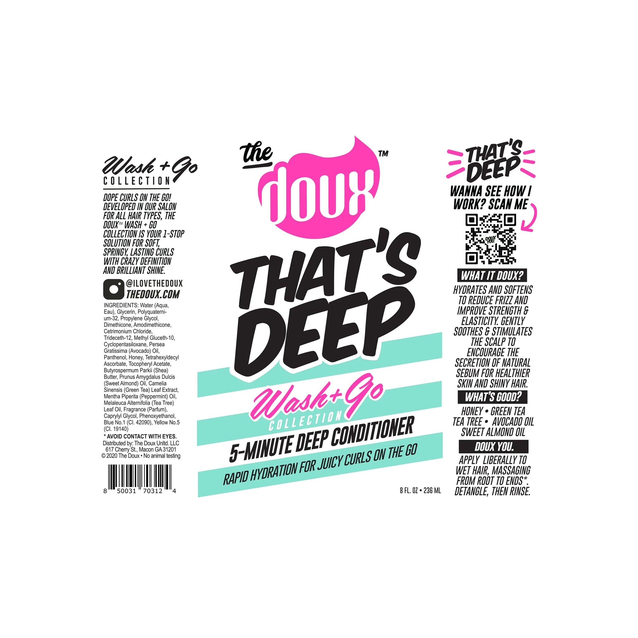 Bagsiden af en lysegrøn flaske med sort låg indeholdende The Doux That's Deep 5-Minute Deep Conditioner. Etiketten indeholder en QR-kode, ingrediensliste (med Avocado Oil, Honey, Green Tea og Tea Tree Oil), brugsanvisning og markedsføringstekst om "Wash+Go COLLECTION".