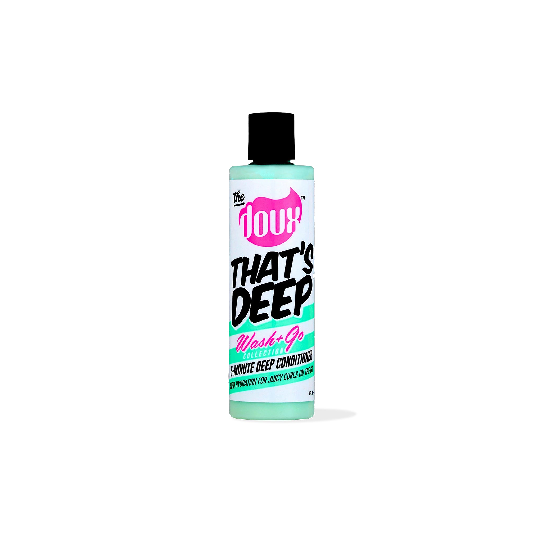 Lysegrøn flaske med sort låg indeholdende The Doux That's Deep 5-Minute Deep Conditioner. Etiketten er pink og sort med hvid tekst.