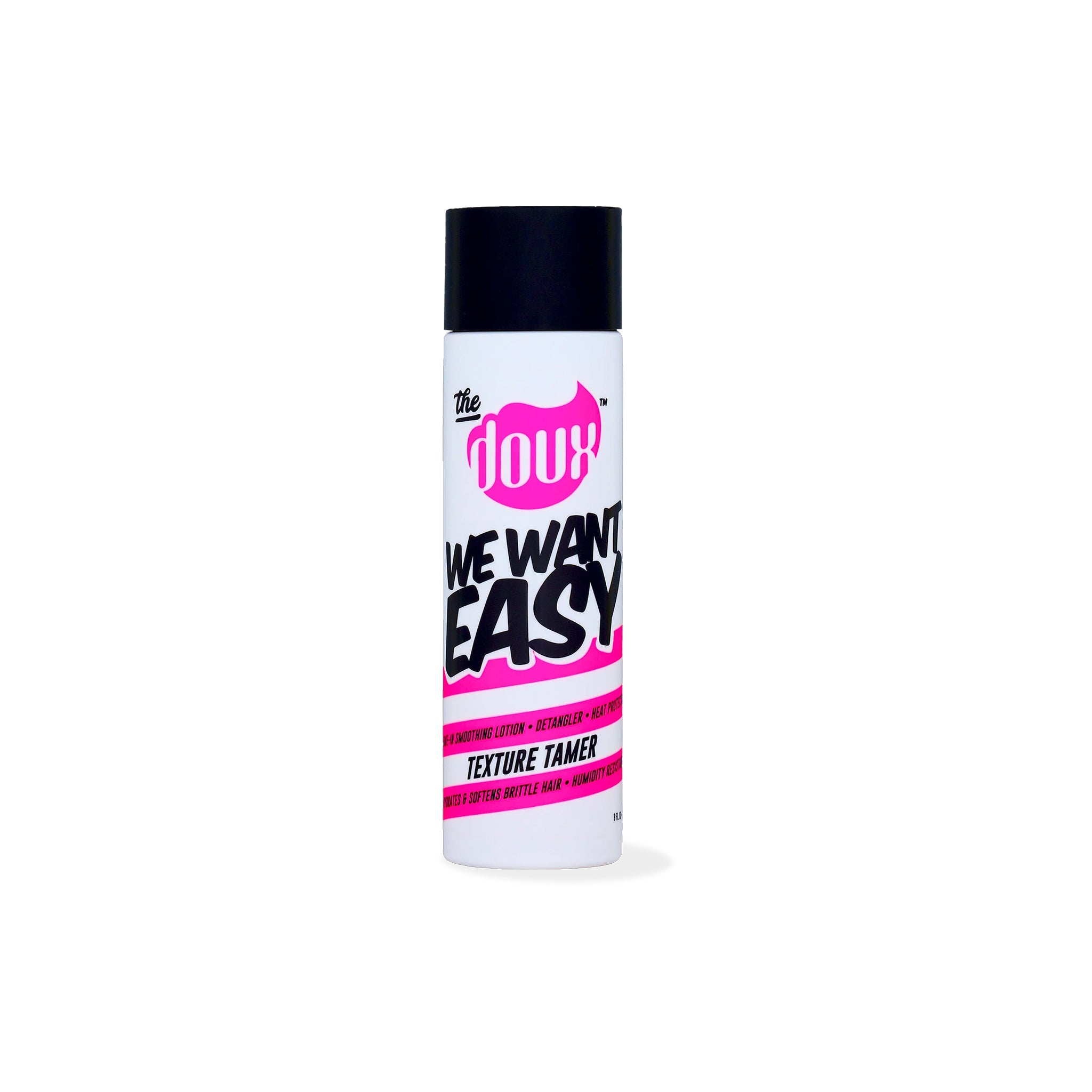Hvid flaske med sort låg indeholdende The Doux We Want Easy Texture Tamer. Etiketten er pink og sort med hvid tekst.