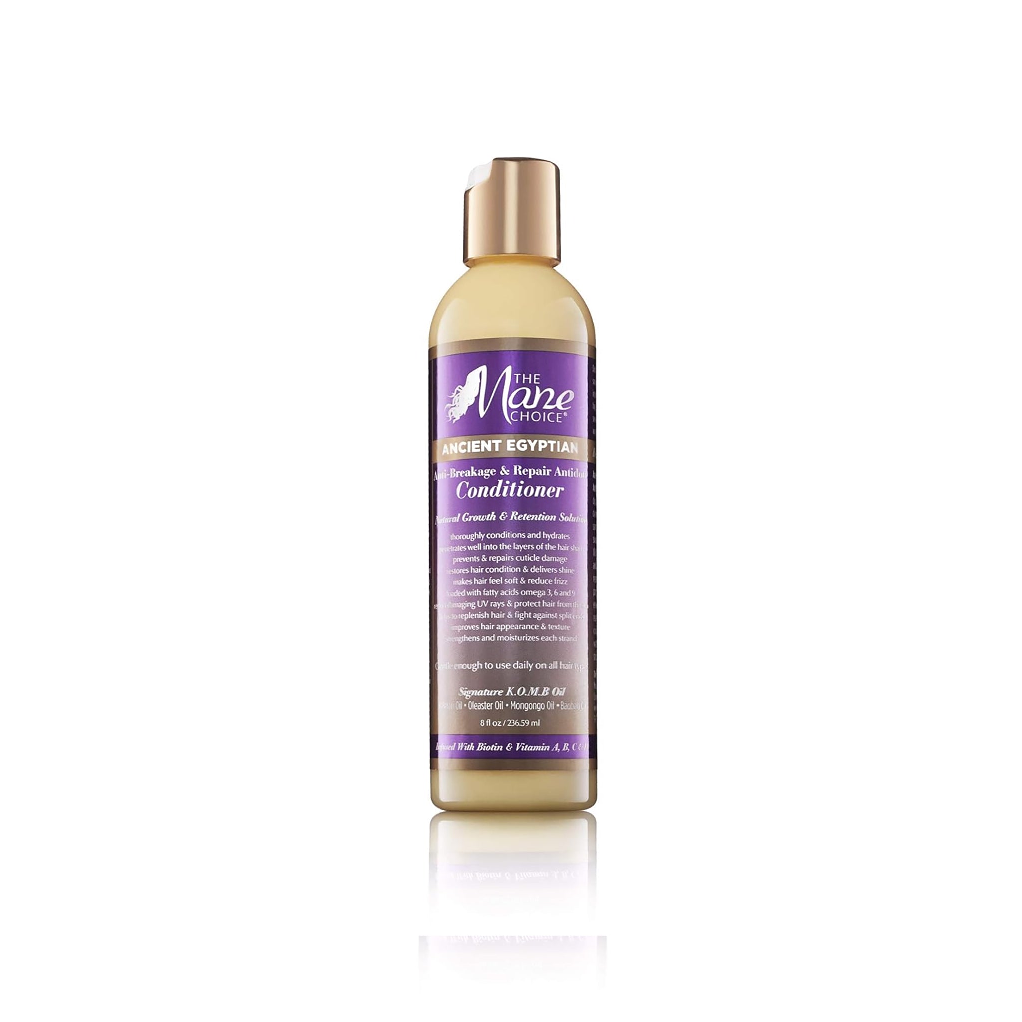 Gennemsigtig flaske med guld låg indeholdende The Mane Choice Ancient Egyptian Anti-Breakage & Repair Antidote Conditioner. Balsammen har en let gullig farve.