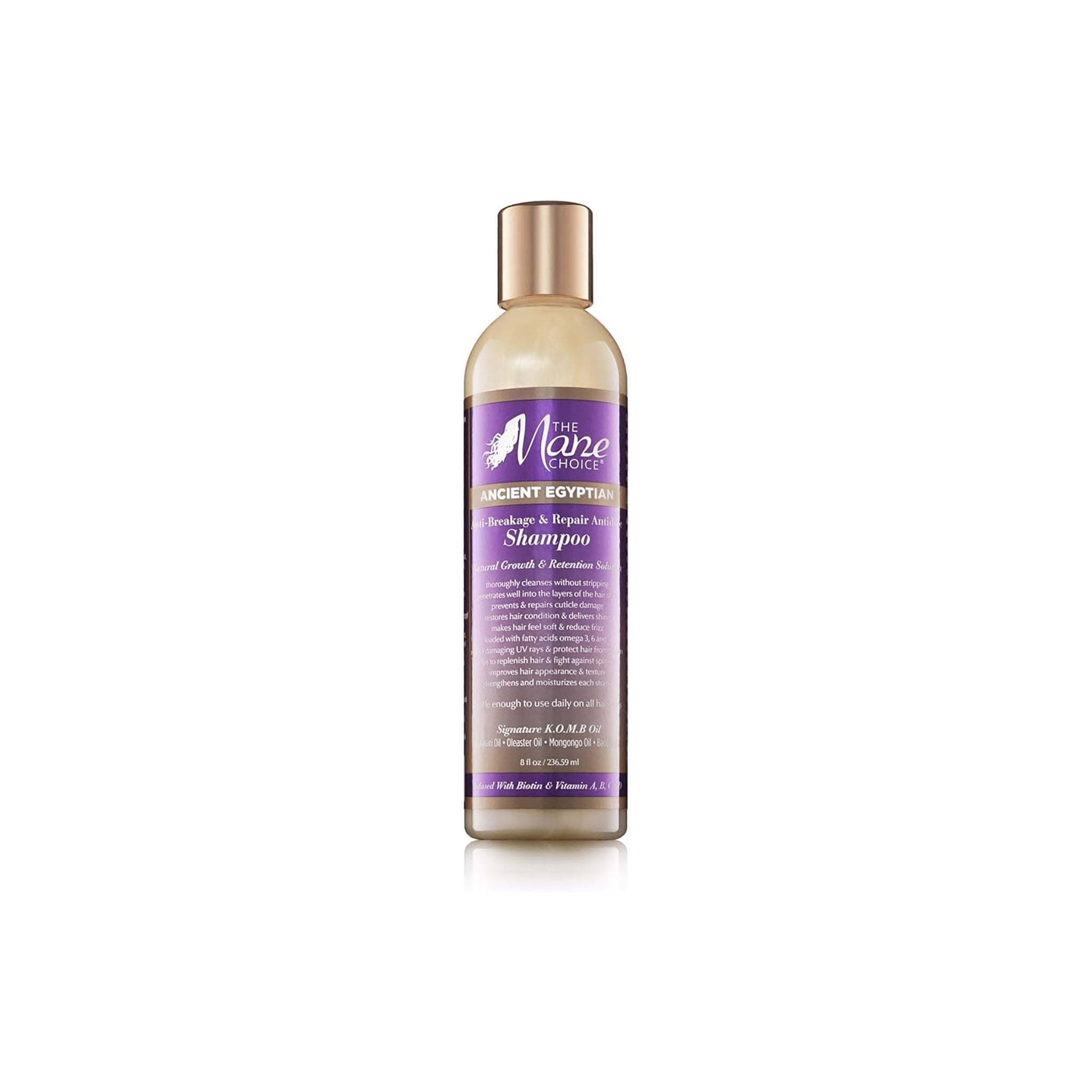 Gennemsigtig flaske med guld låg indeholdende The Mane Choice Ancient Egyptian Anti-Breakage & Repair Antidote Shampoo. Shampooen har en let gullig farve.