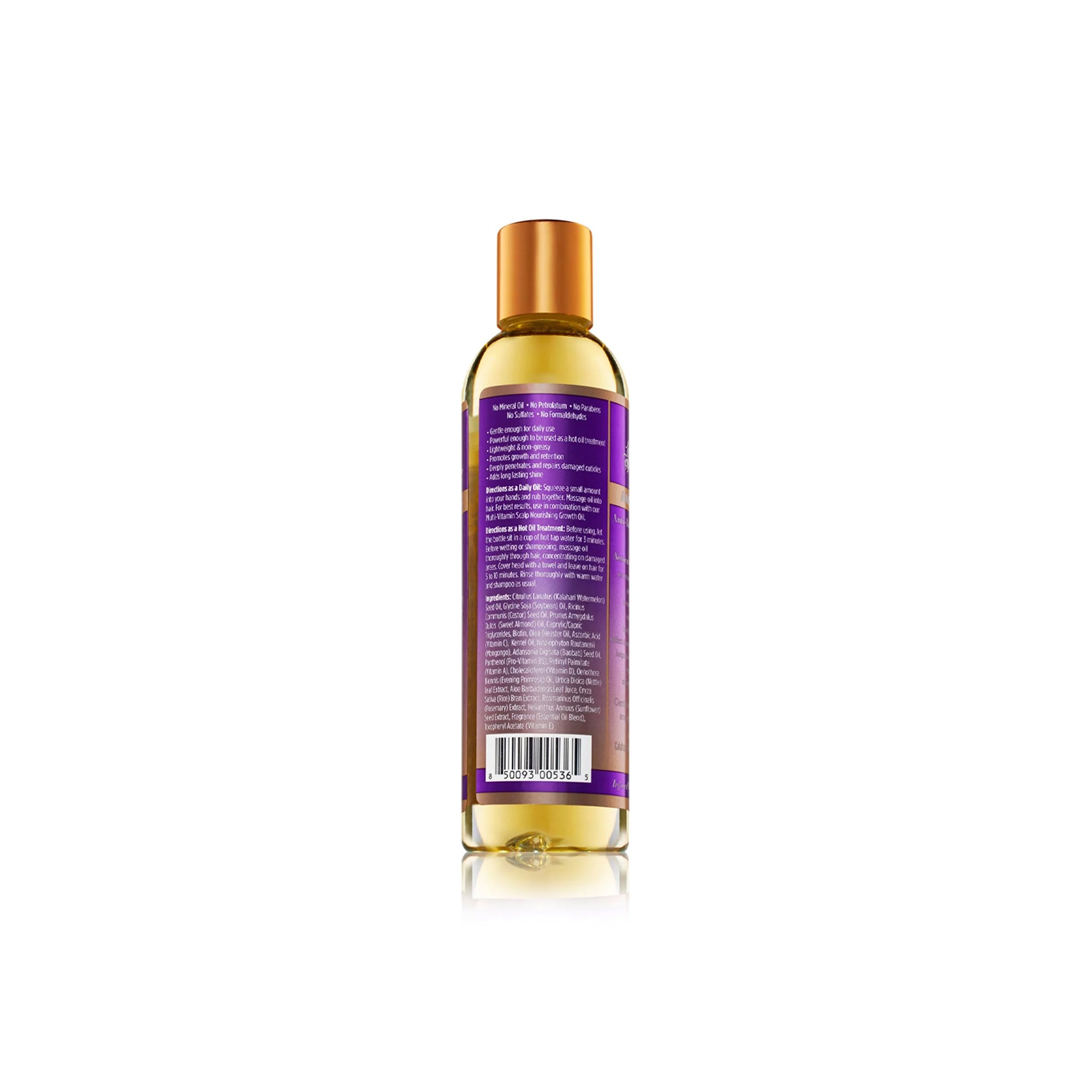 Bagsiden af en gennemsigtig flaske med guld låg indeholdende The Mane Choice Ancient Egyptian Anti-Breakage Daily Treatment Repair Oil. Etiketten indeholder instruktioner om påføring i tørt eller fugtigt hår.