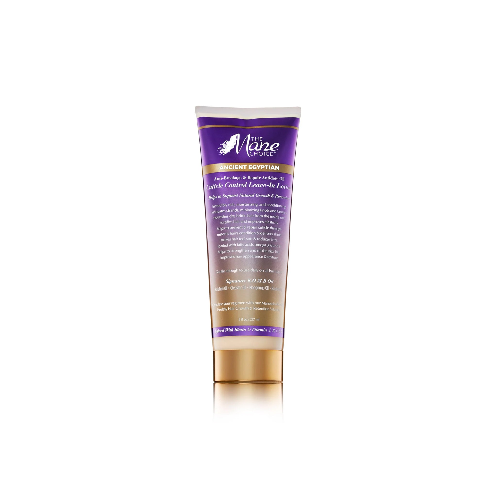Hvid tube med lilla og guld detaljer indeholdende The Mane Choice Ancient Egyptian Anti-Breakage & Repair Antidote Cuticle Control Leave-In Lotion.