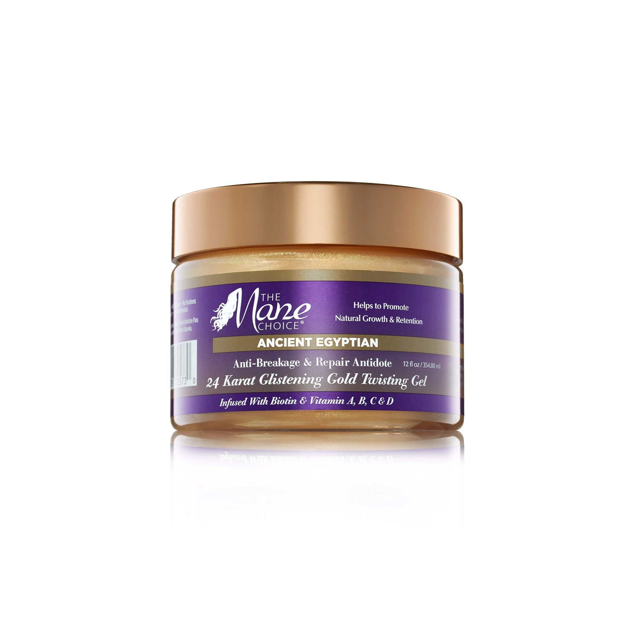 Gennemsigtig krukke med guld låg indeholdende The Mane Choice Ancient Egyptian 24 Karat Glistening Gold Twisting Gel. Etiketten er lilla og fremhæver "Anti-Breakage & Repair Antidote".