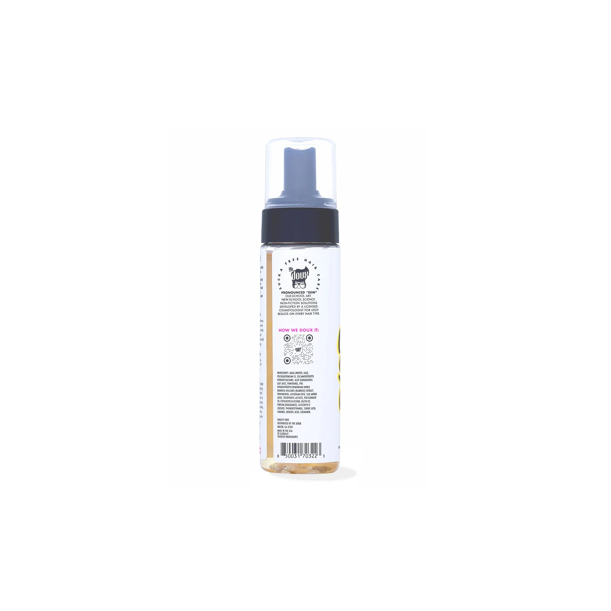 Bagside af The Doux Bee Girl Crazy Sexy Curl Honey Setting Foam 207ml med ingrediensliste og sort pumpe.