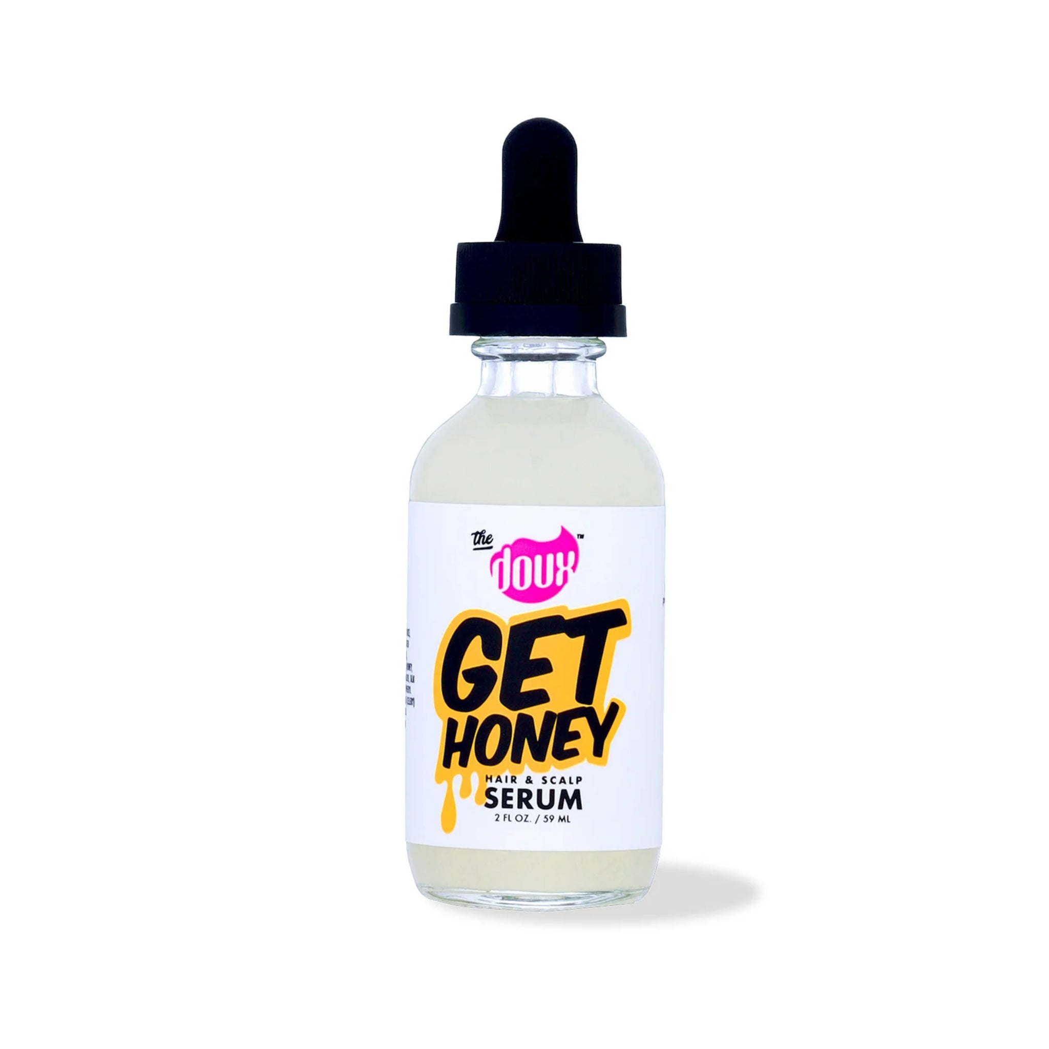 The Doux Get Honey Hair & Scalp Serum, 59 ml glasflaske med sort pipettelåg på hvid baggrund.