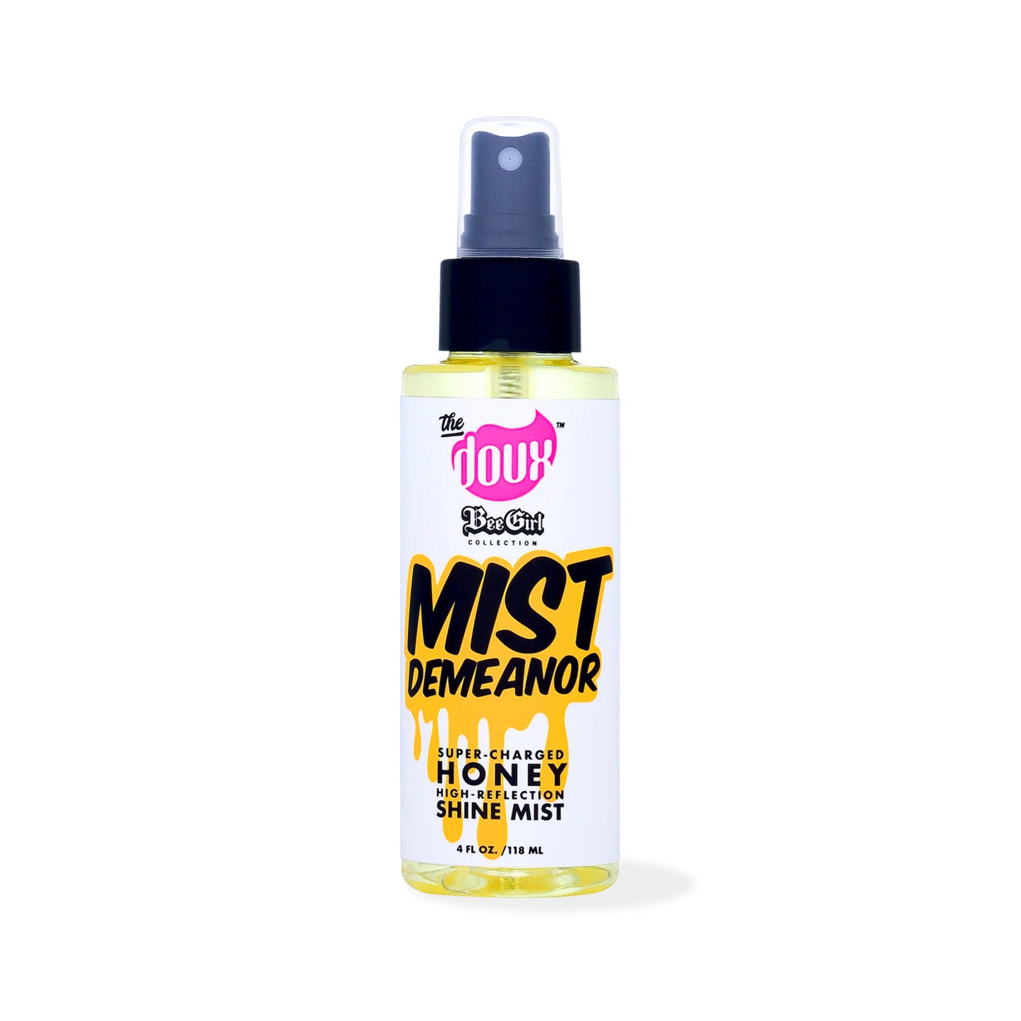 The Doux Bee Girl Collection Mist Demeanor sprayflaske med gul honning-shine mist, 118 ml, sort pumpehoved.