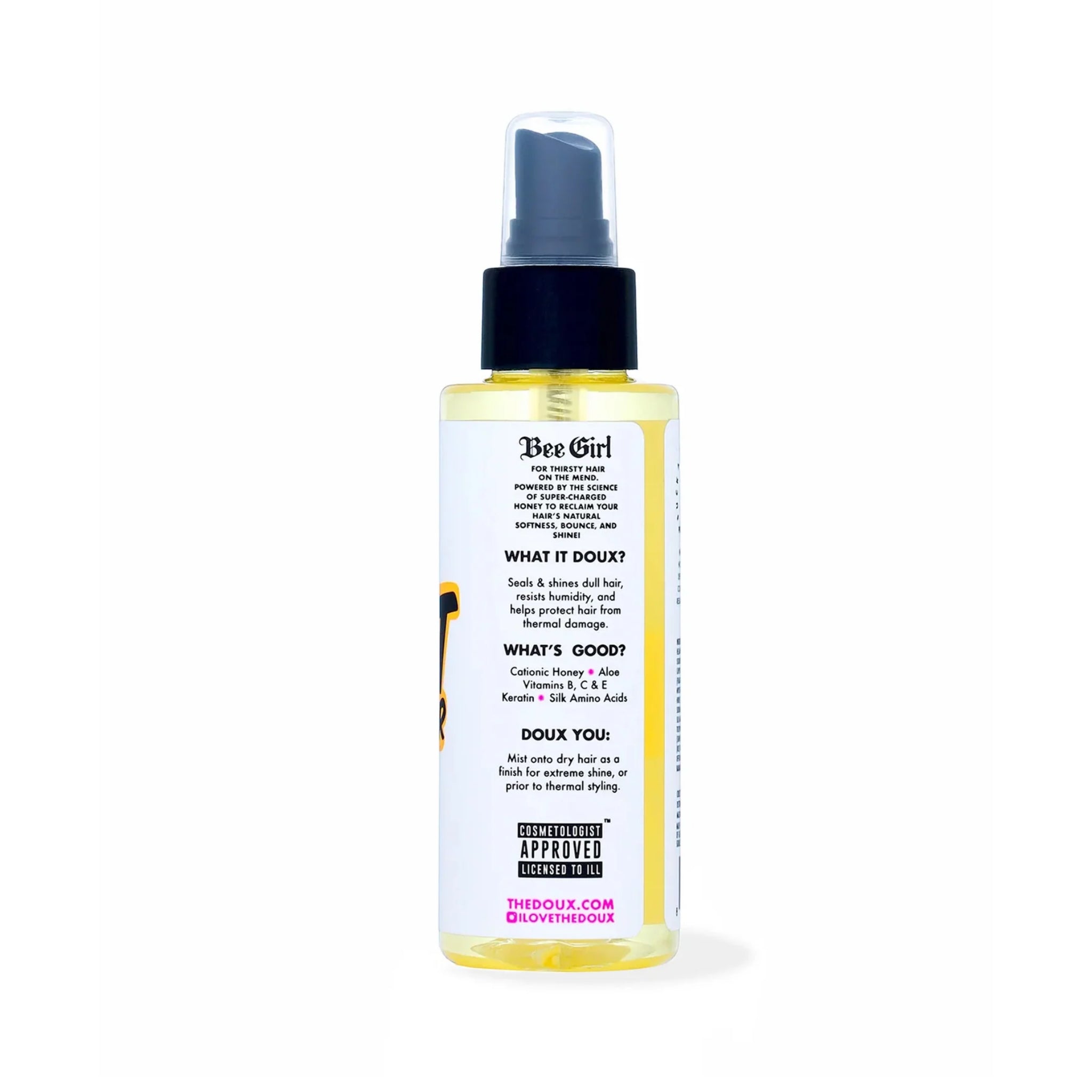Doux Bee Girl hårspray i gul flaske med sort pumpespray og informationsetiket om cationisk honning og keratin.
