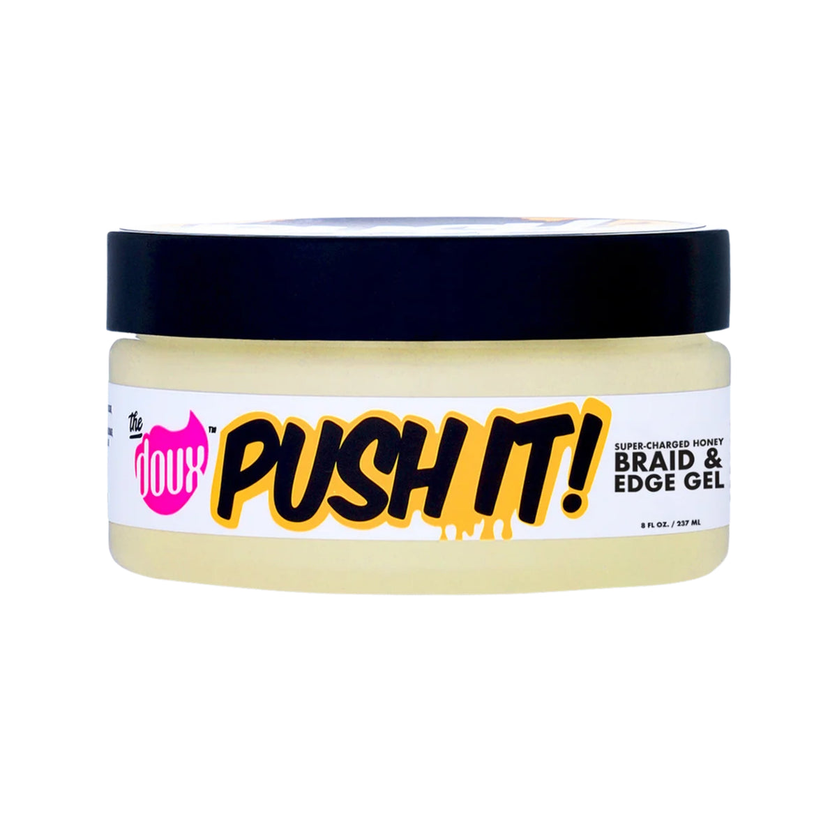 The Doux Push It! Super-Charged Honey Braid & Edge Gel, banan farvet creme i gennemsigtig dåse med sort låg, 237 ml.
