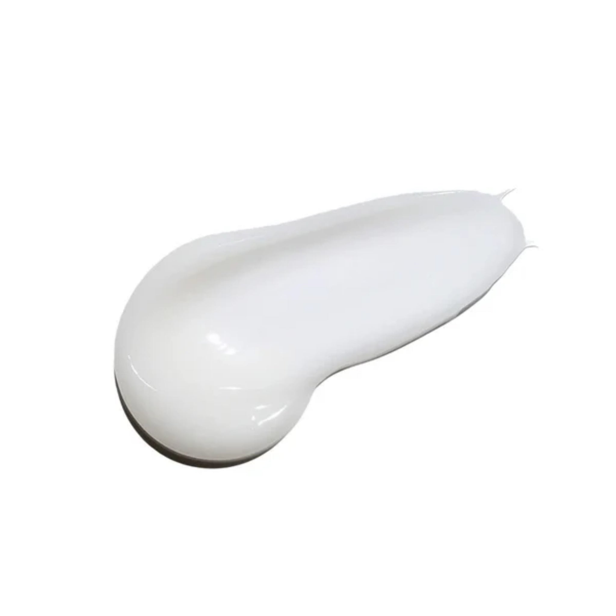 Cremet hvid lotion-tekstur formet som en dråbe på hvid baggrund, viser produktets bløde konsistens.
