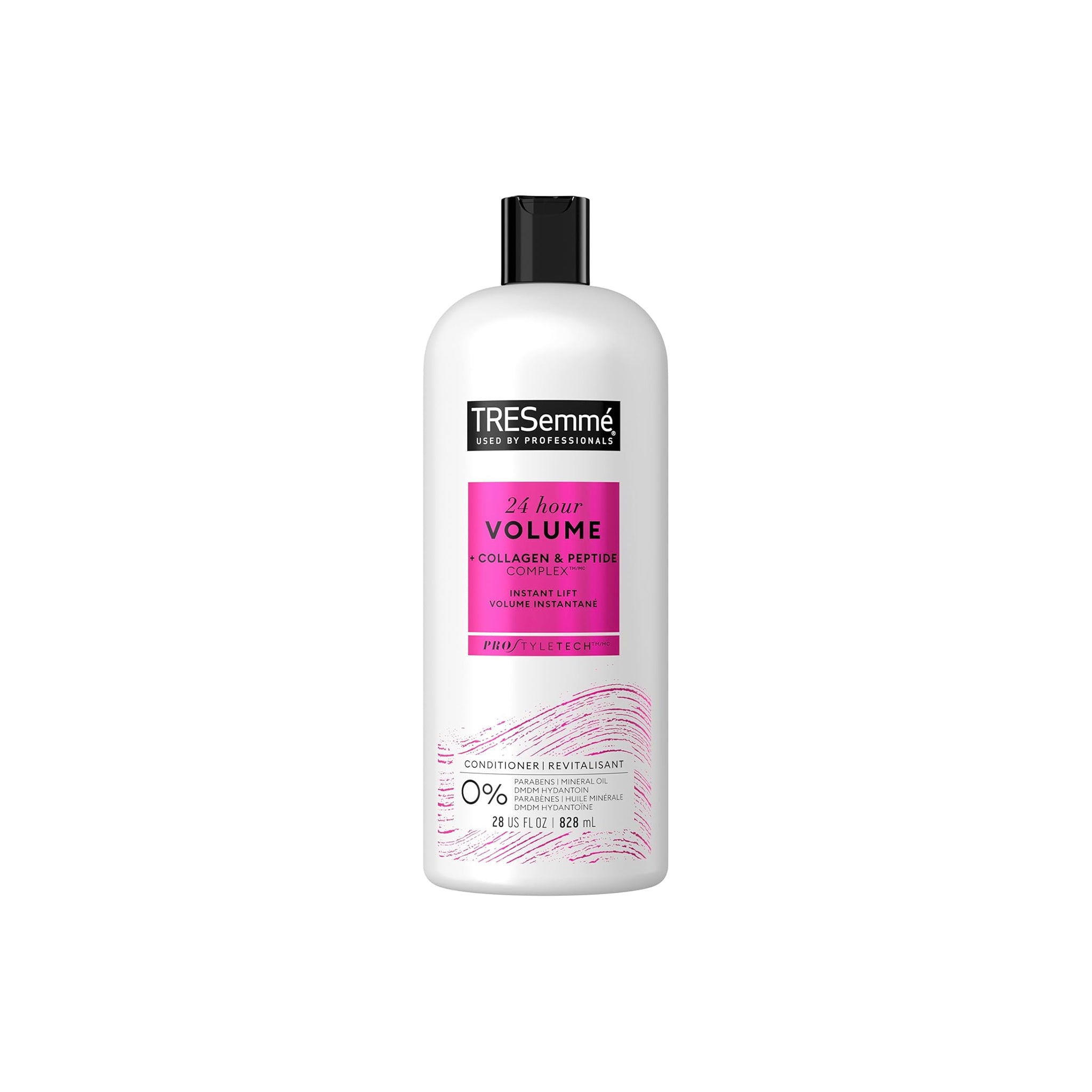 TRESemmé 24 Hour Volume Conditioner i hvid flaske med pink etiket, 828 ml, med collagen og peptide complex for øjeblikkelig volumen.