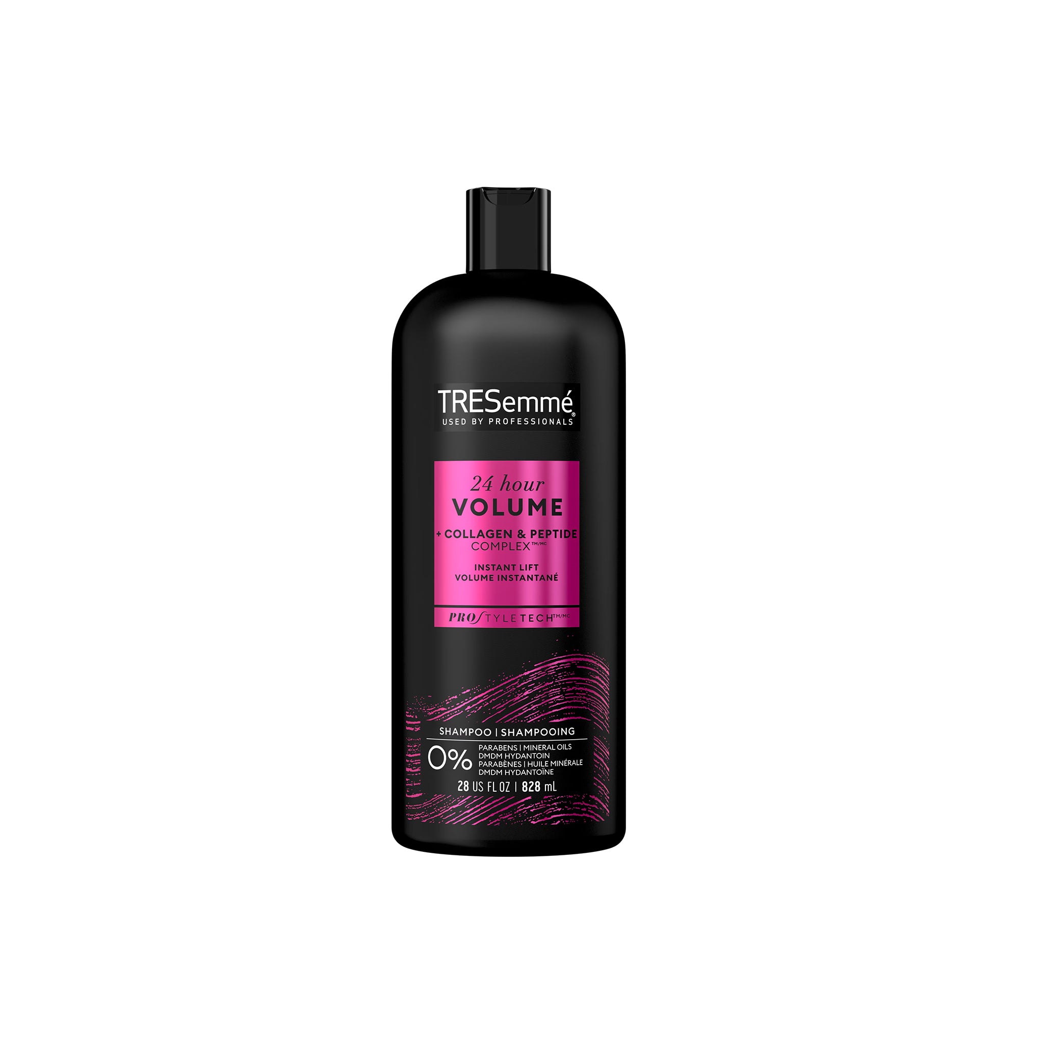 TRESemmé 24 Hour Volume Shampoo i sort flaske med pink etiket, 828 ml, med collagen og peptide complex til øjeblikkelig volumen.