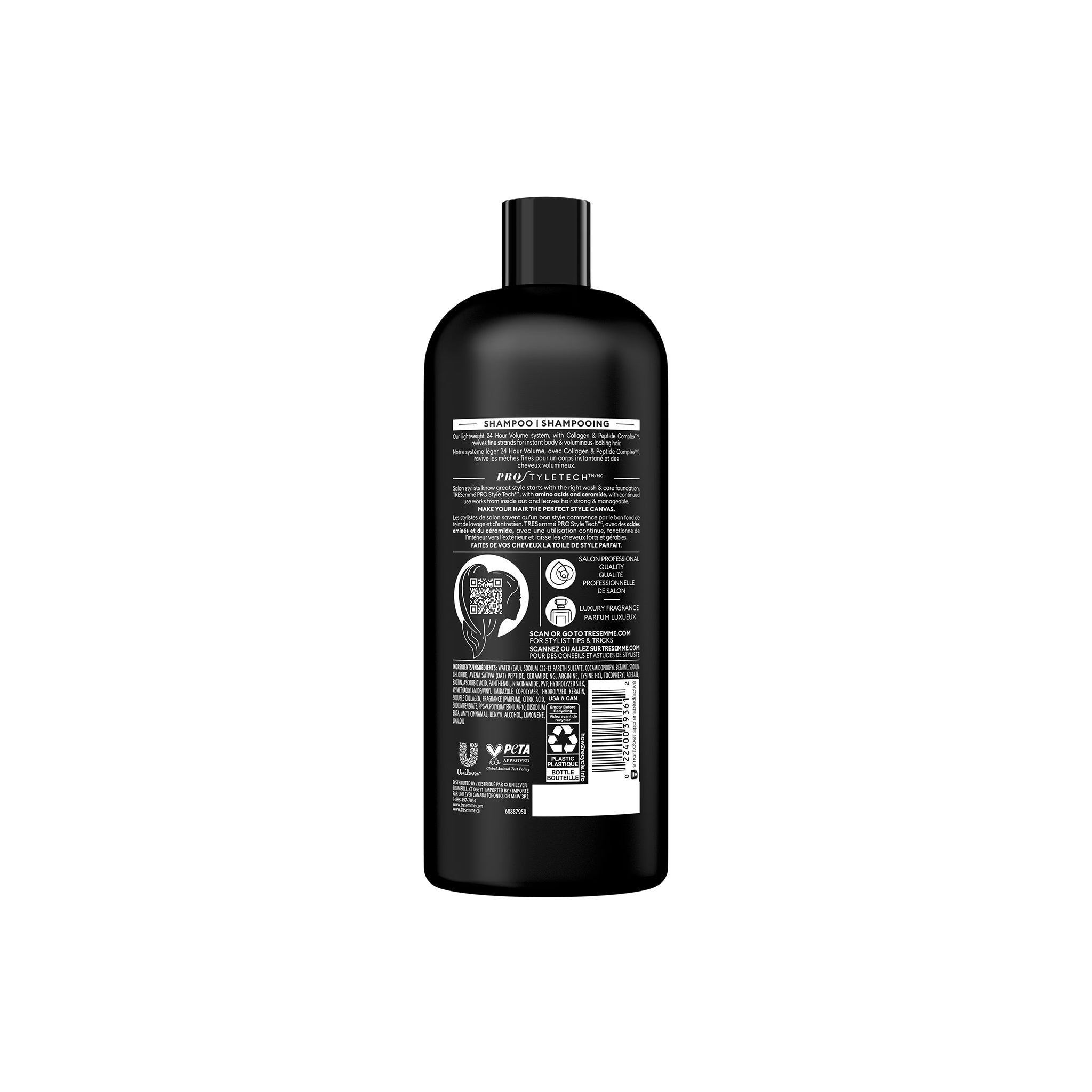 Bagsiden af TRESemmé 24 Hour Volume Shampoo i sort flaske med hvid tekst, ingrediensliste, QR-kode og bæredygtighedsikoner, 828 ml.