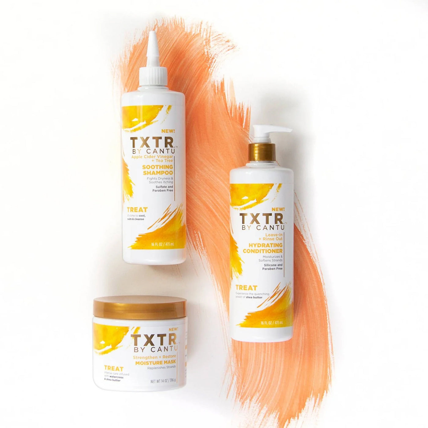 Cantu TXTR hårplejeserie: Soothing Shampoo, Hydrating Conditioner og Moisture Mask.