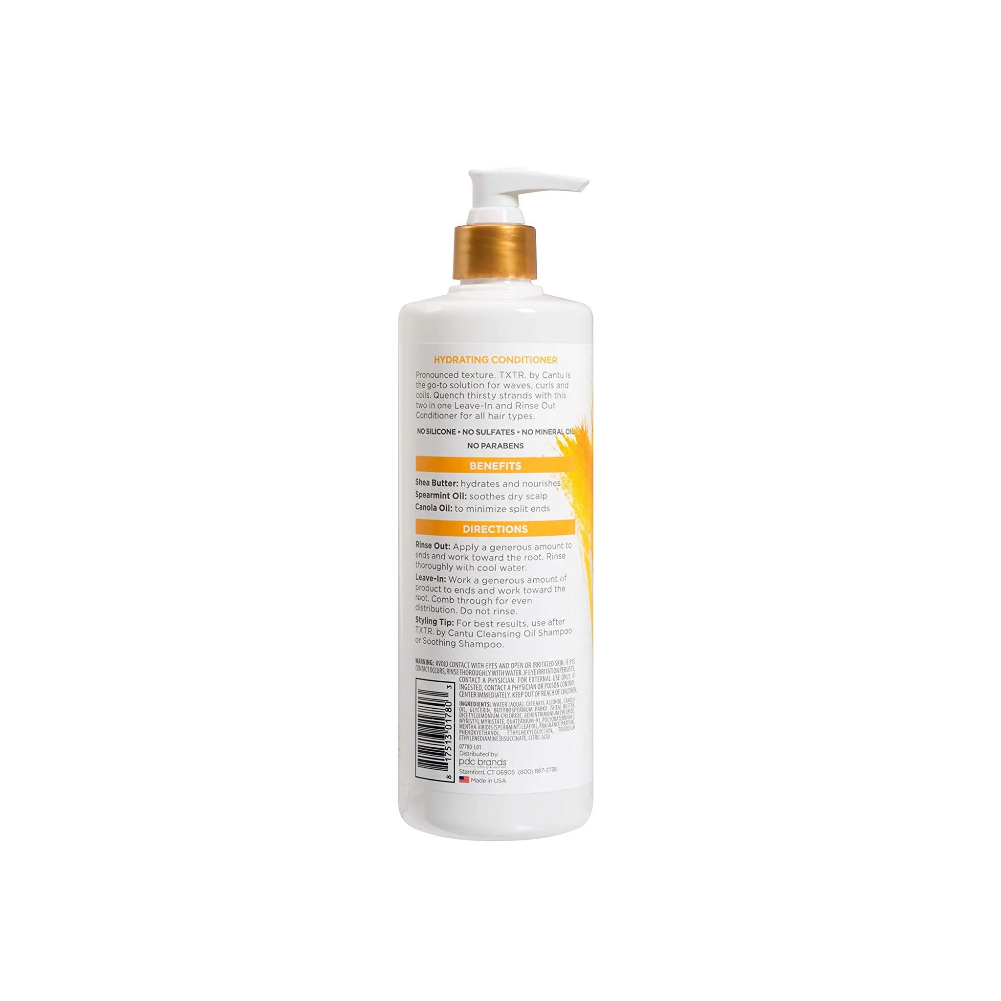Cantu TXTR Hydrating Conditioner (473 ml) bagside med ingredienser, brugsanvisning og fordele.