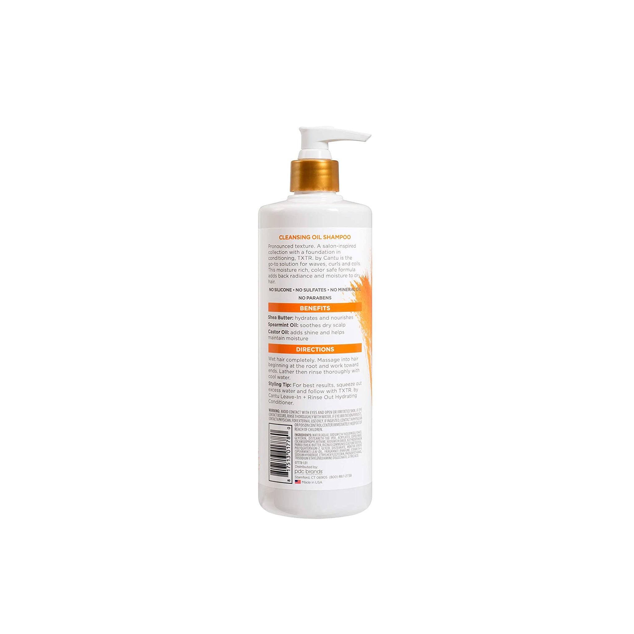 Cantu TXTR Sleek Cleansing Oil Shampoo (473 ml) bagside med ingredienser og brugsanvisning.