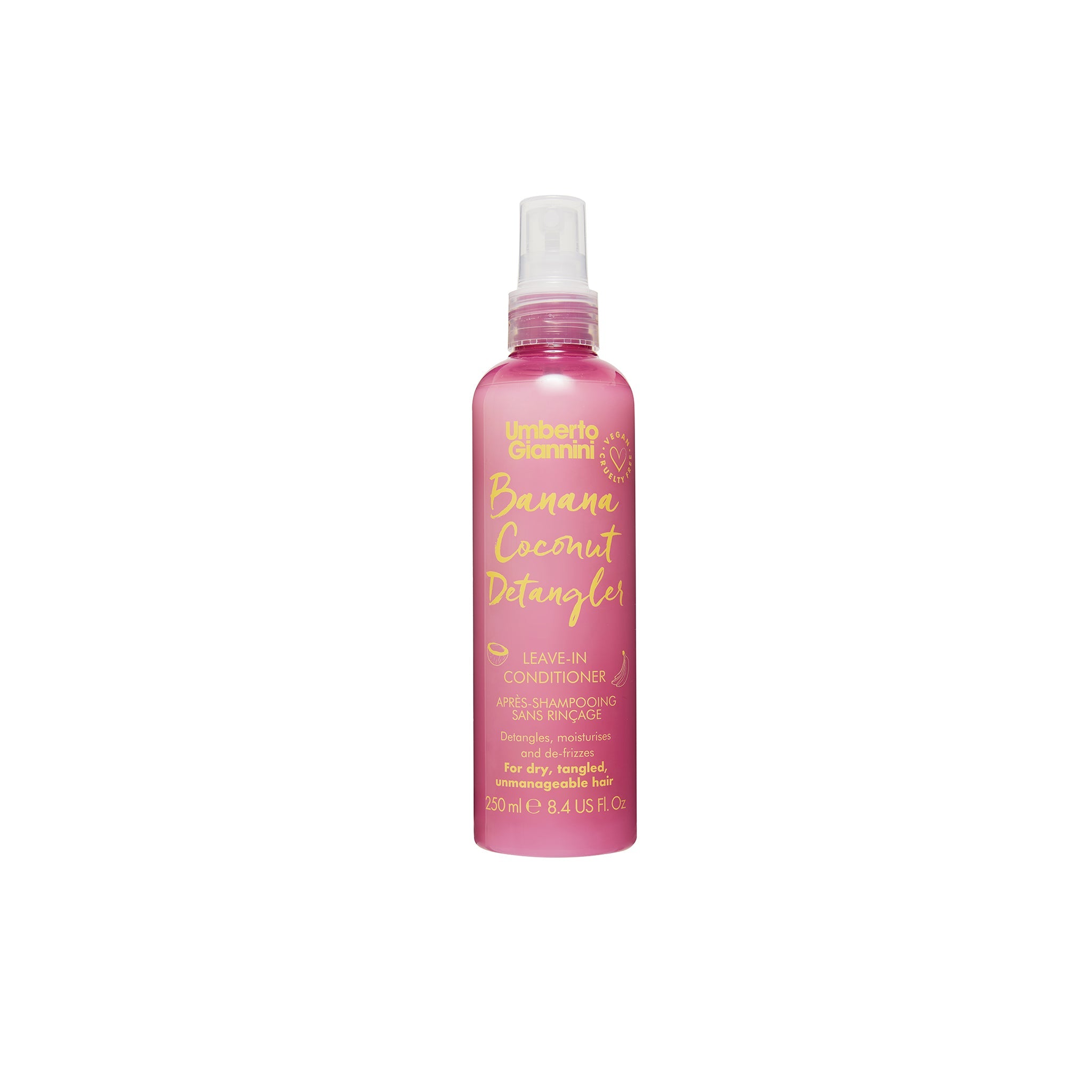 Pink flaske med Umberto Giannini Banana Coconut Detangler leave-in conditioner til filtret og tørt hår.