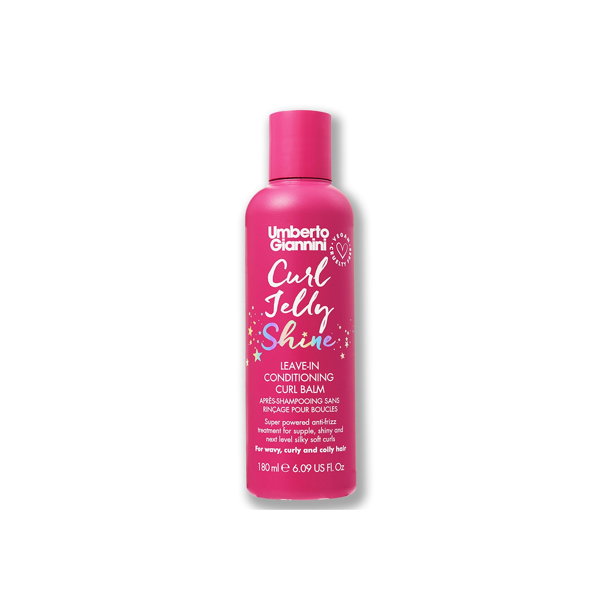 Pink flaske med Umberto Giannini Curl Jelly Shine leave-in balsam til krøllet hår, dekorativt design med farverige stjerner.