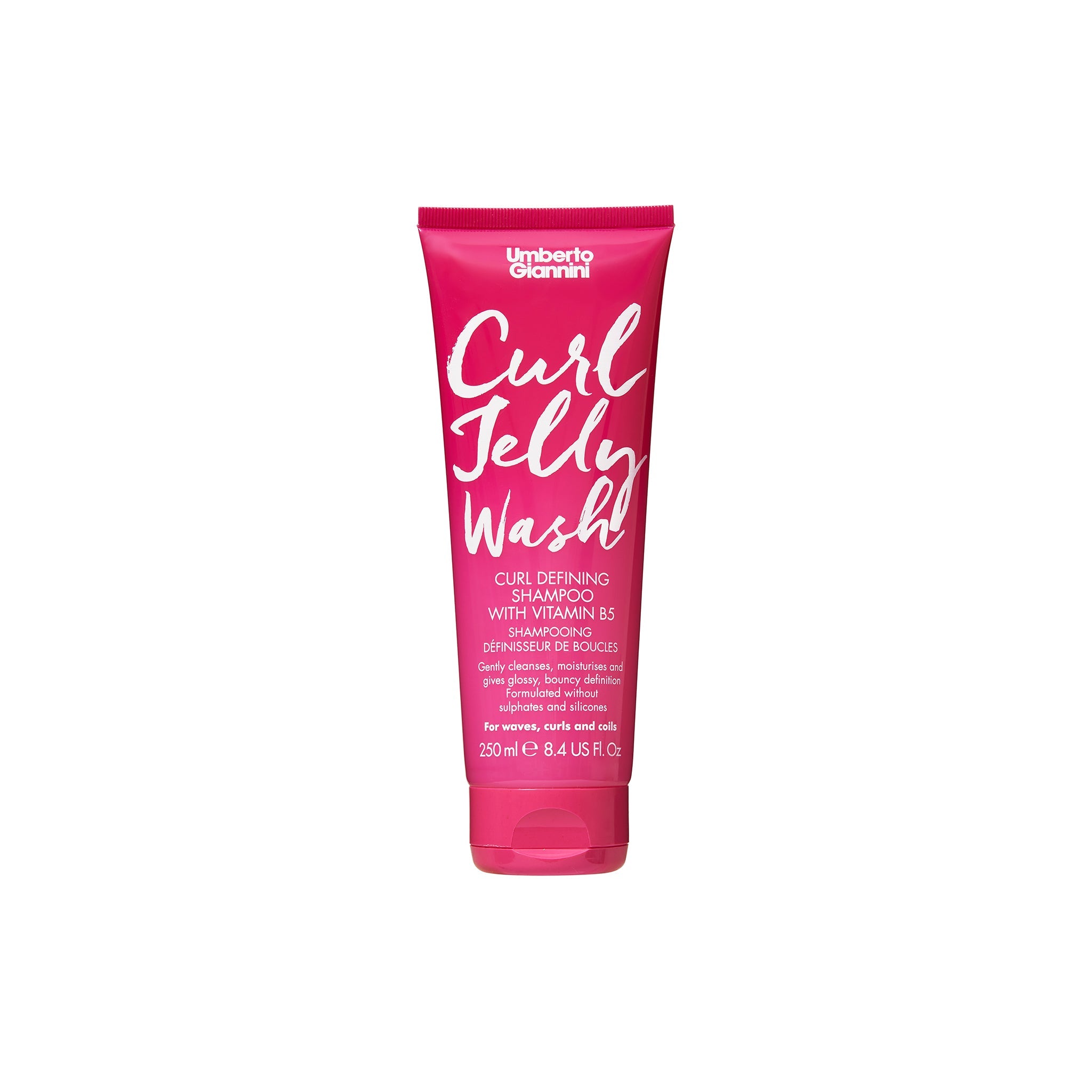 Umberto Giannini Curl Jelly Wash i pink tube – curl defining shampoo med vitamin B5 til krøllet hår, 250 ml.