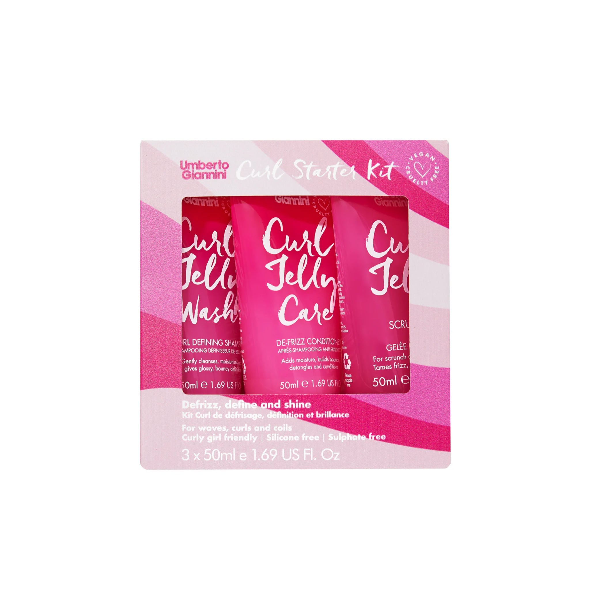 Umberto Giannini Curl Starter Kit med tre lyserøde tuber til krøllet hår i gaveæske med lyserøde striber.