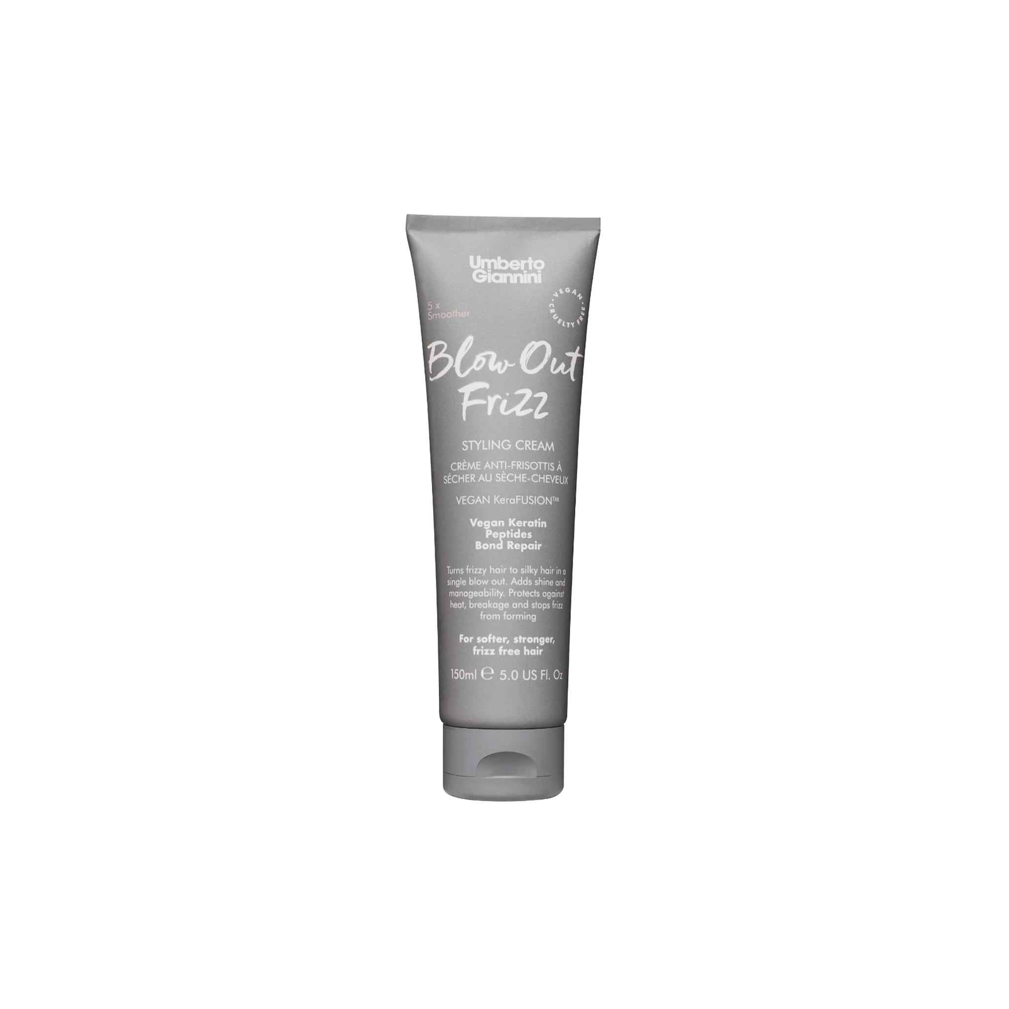 Tube med Umberto Giannini Frizz Fix Blow-Out Frizz Styling Cream 150ml i grå design med hvid tekst og veganske ingredienser.