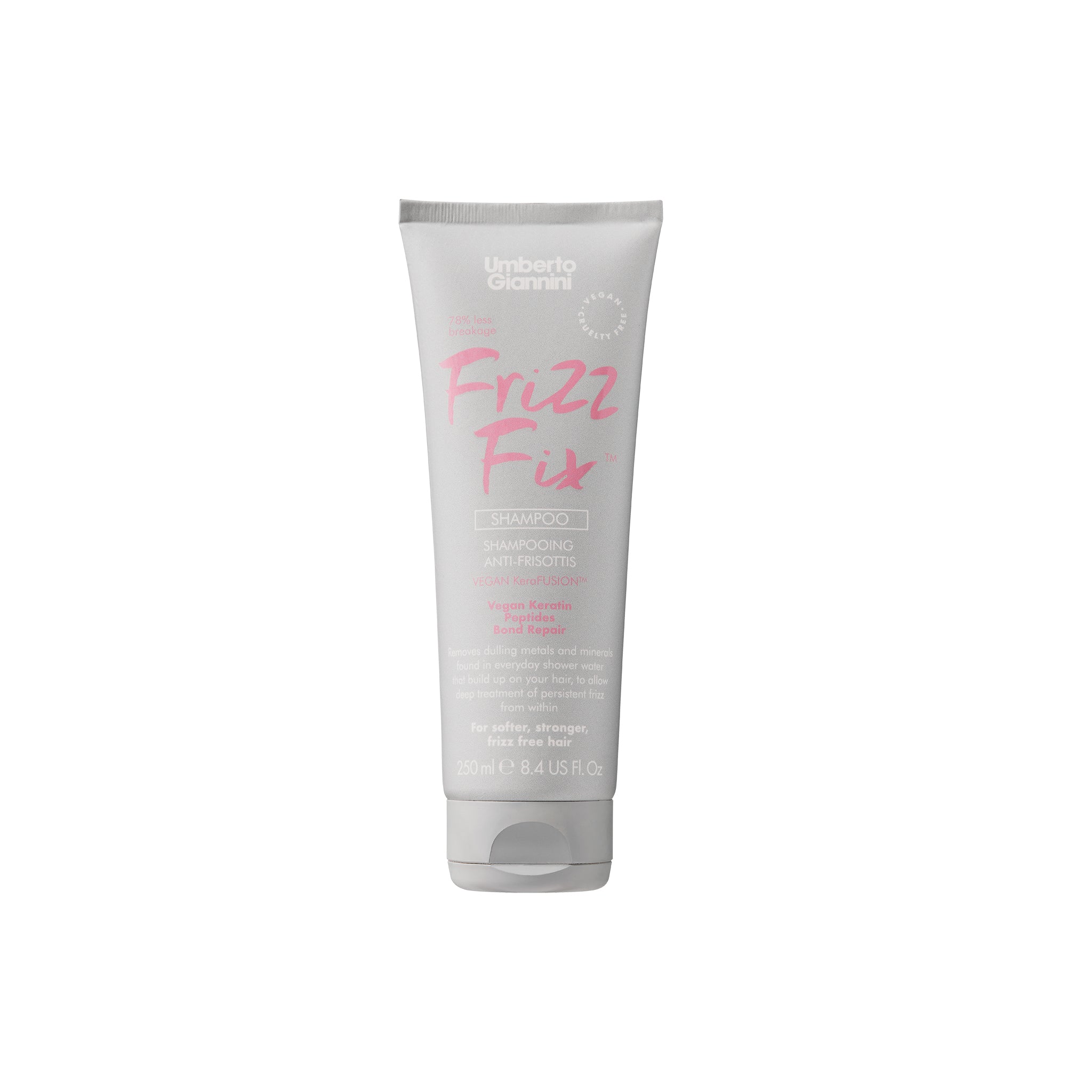 Tube med Umberto Giannini Frizz Fix shampoo i grå og pink design, 250 ml, til kruset og skadet hår.