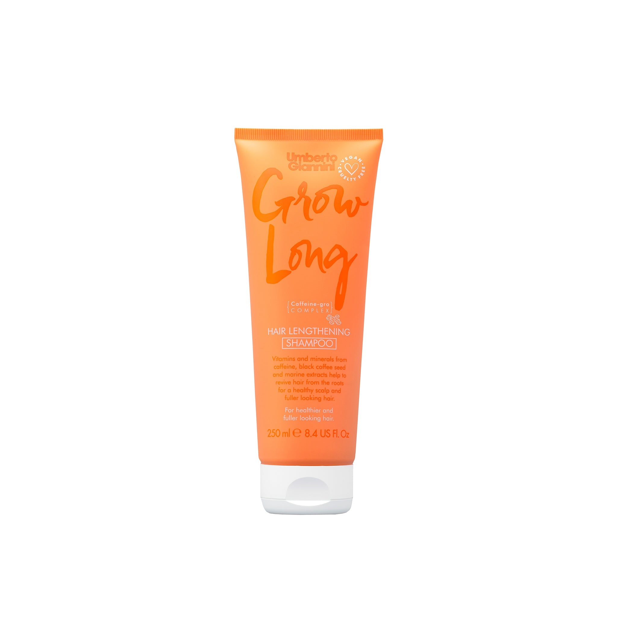 Orange tube med Umberto Giannini Grow Long shampoo til hårvækst, indeholder koffein og mineralekstrakter, 250 ml.
