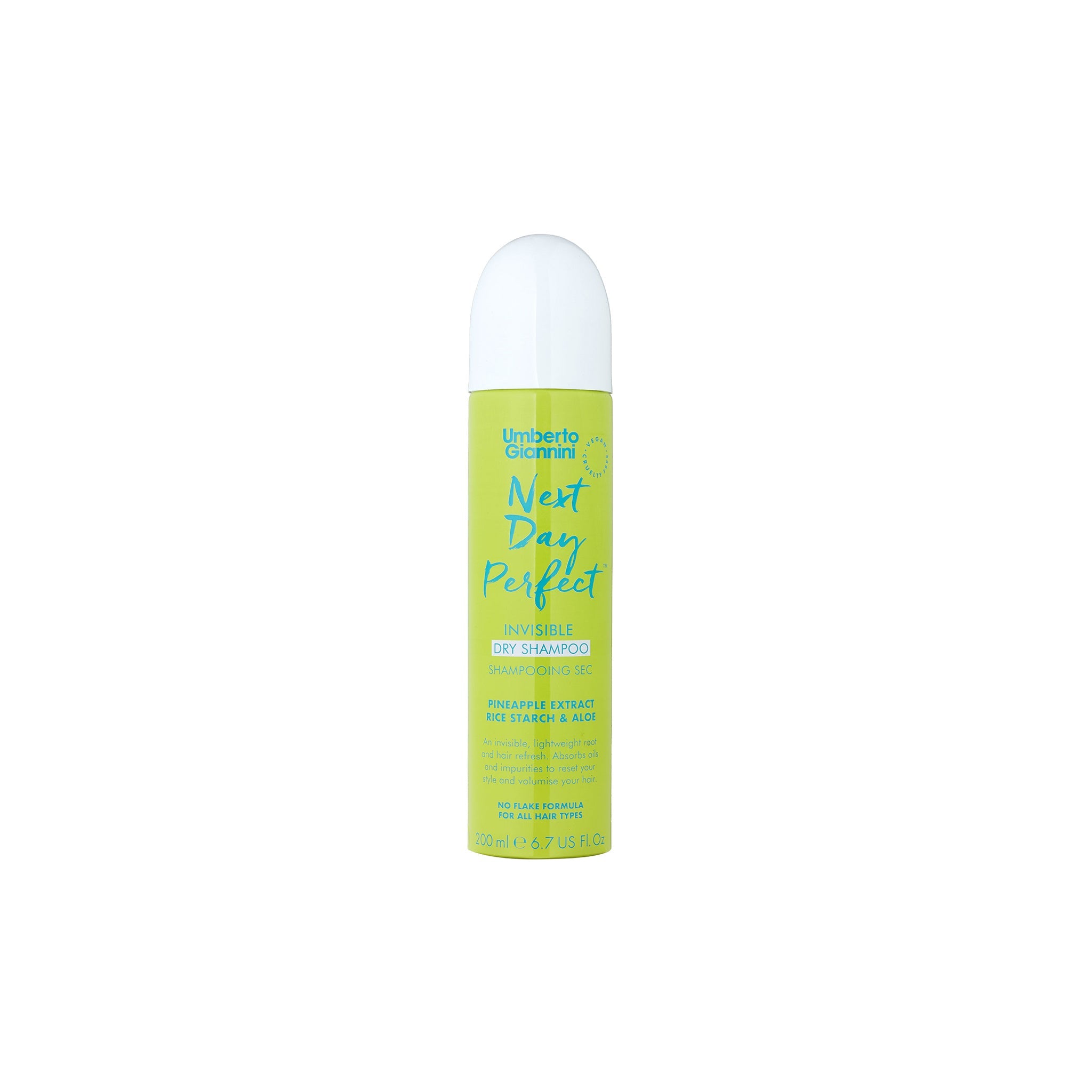 Spraydåse med Umberto Giannini Next Day Perfect tørshampoo i limegrøn emballage med blå og hvide detaljer.