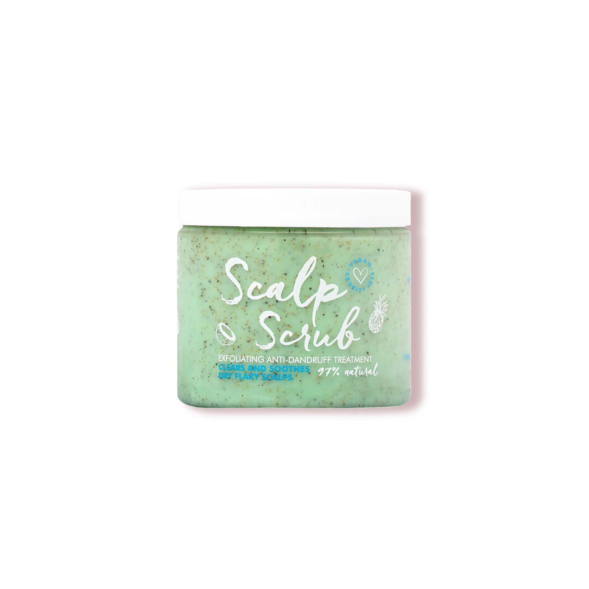 Grøn beholder med Scalp Scrub eksfolierende anti-skæl behandling til tør og skællende hovedbund, 97 % naturlig.