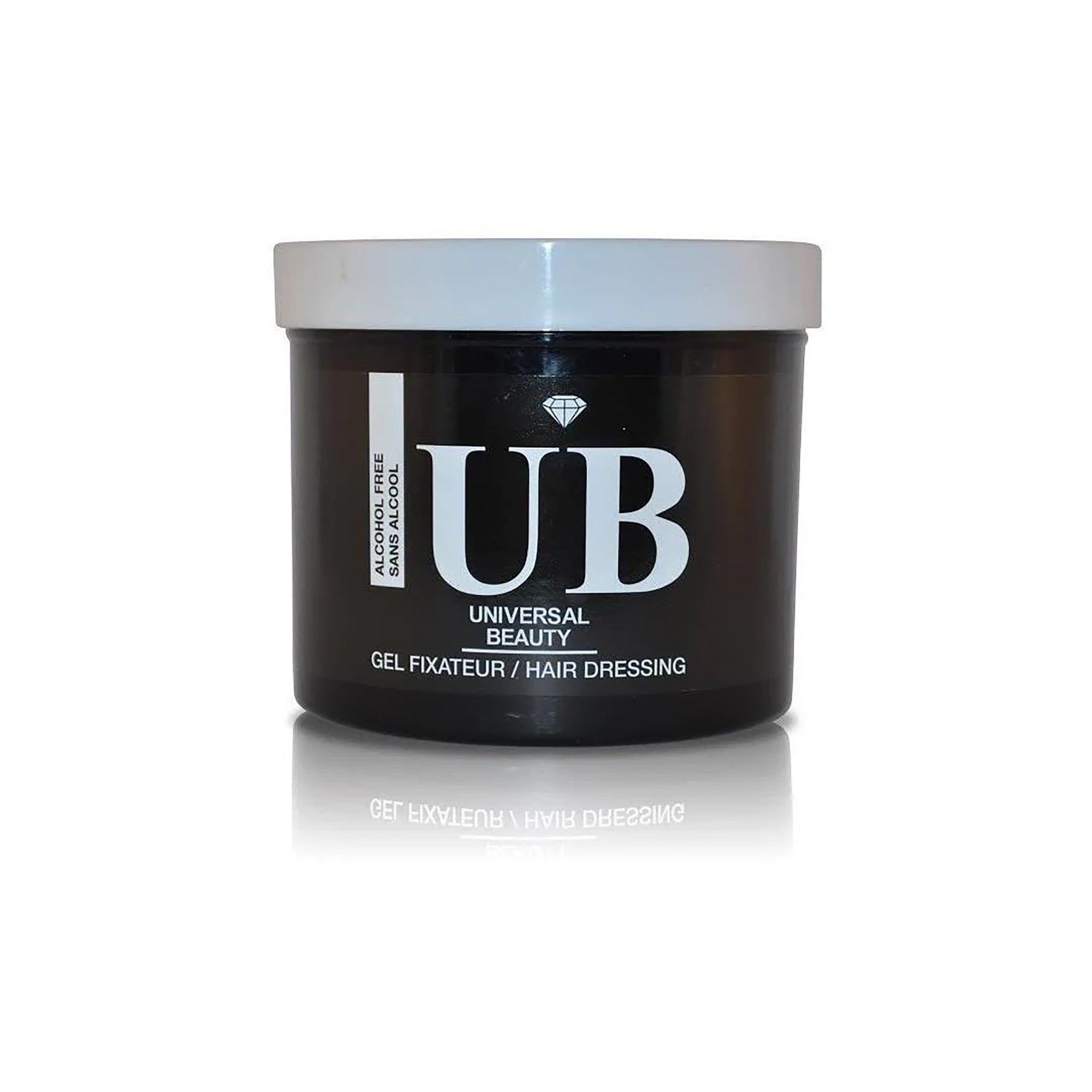 Universal Beauty Styling Gel (32oz) i sort dåse i plast med hvidt låg. Alkoholfri hårstyling gel/fixateur.