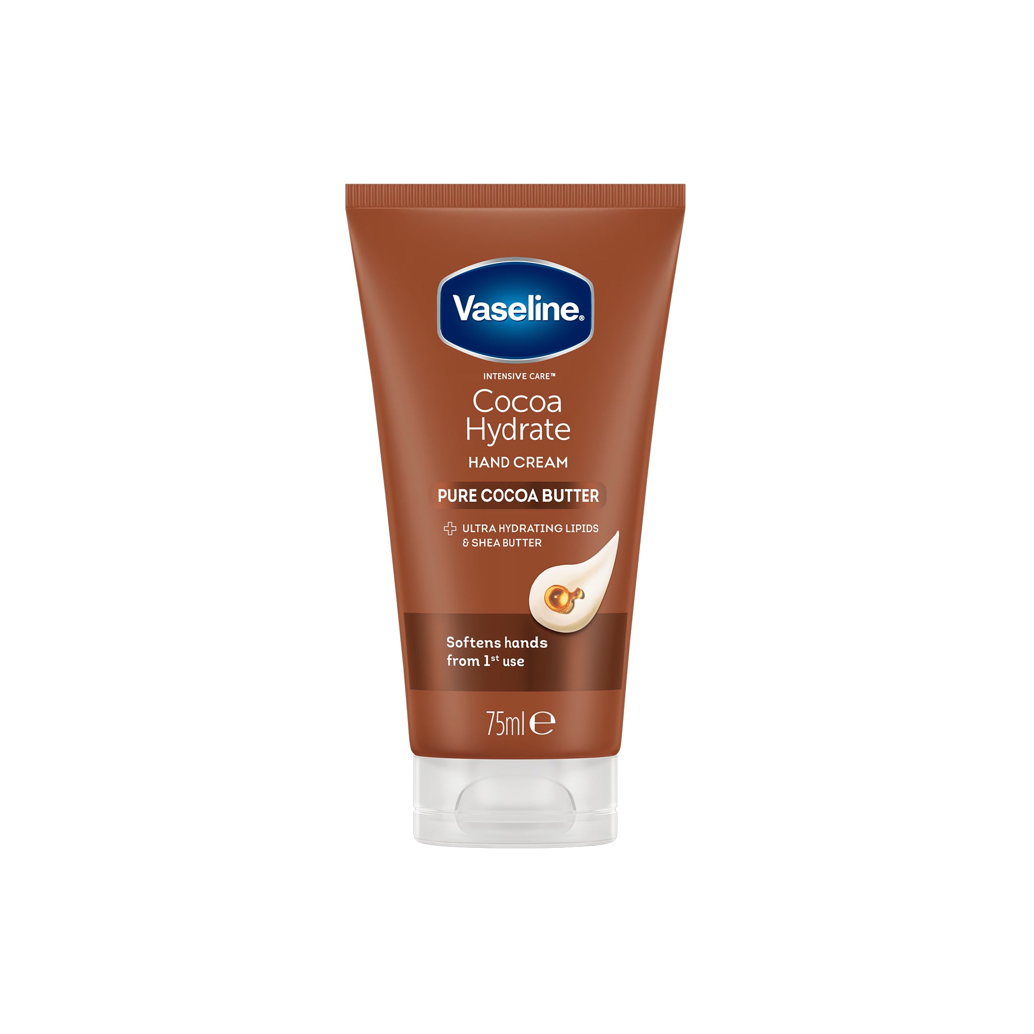 Brun tube Vaseline handcreme Cocoa Hydrate 75ml med kakao- og sheasmør, der fugter og blødgør tørre hænder fra første brug.