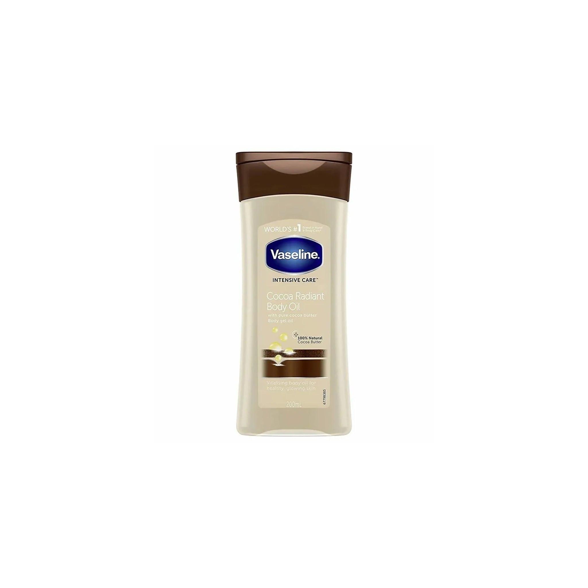 Beige flaske Vaseline Intensive Care Cocoa Radiant Body Oil 200ml med brunt låg, fugtgivende kropsolie med kakaosmør til glødende hud.