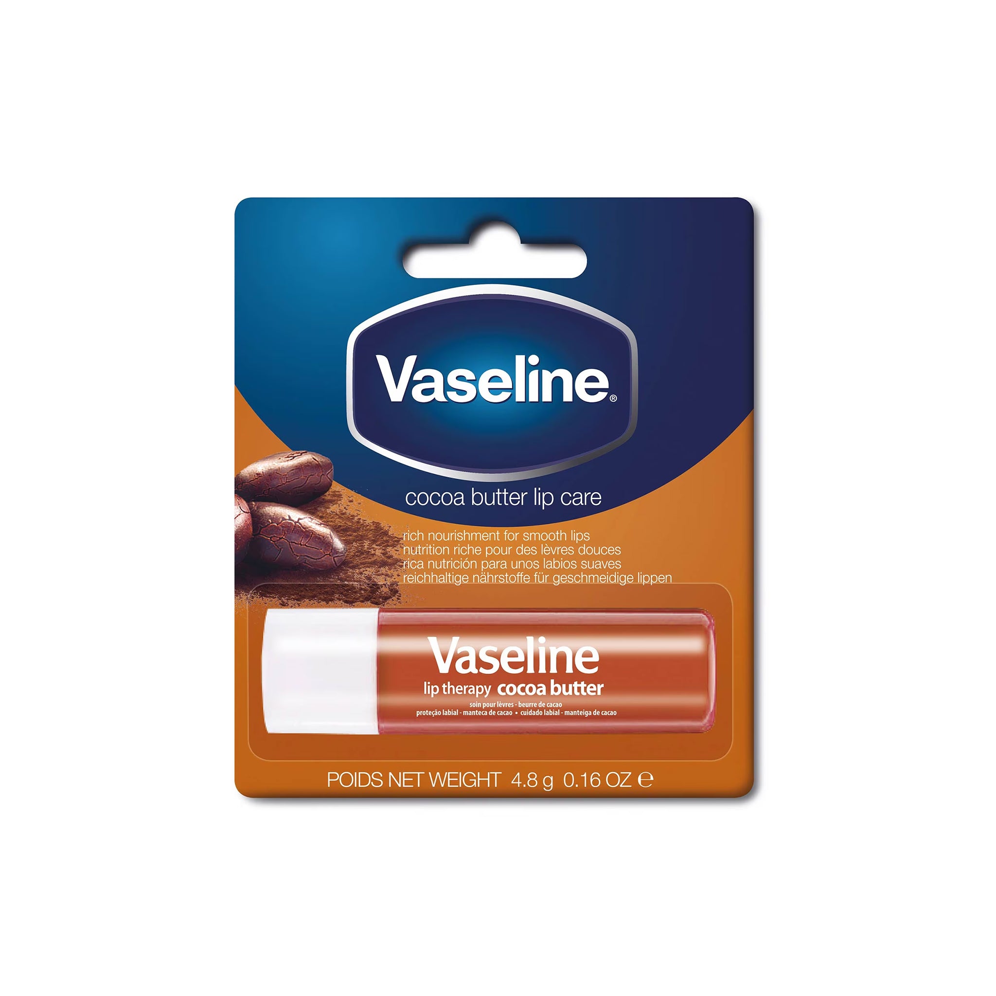Vaseline Lip Therapy Stick Cocoa Butter i brun og hvid emballage med kakaobønneillustration, 4,8 g, giver nærende pleje til bløde læber.