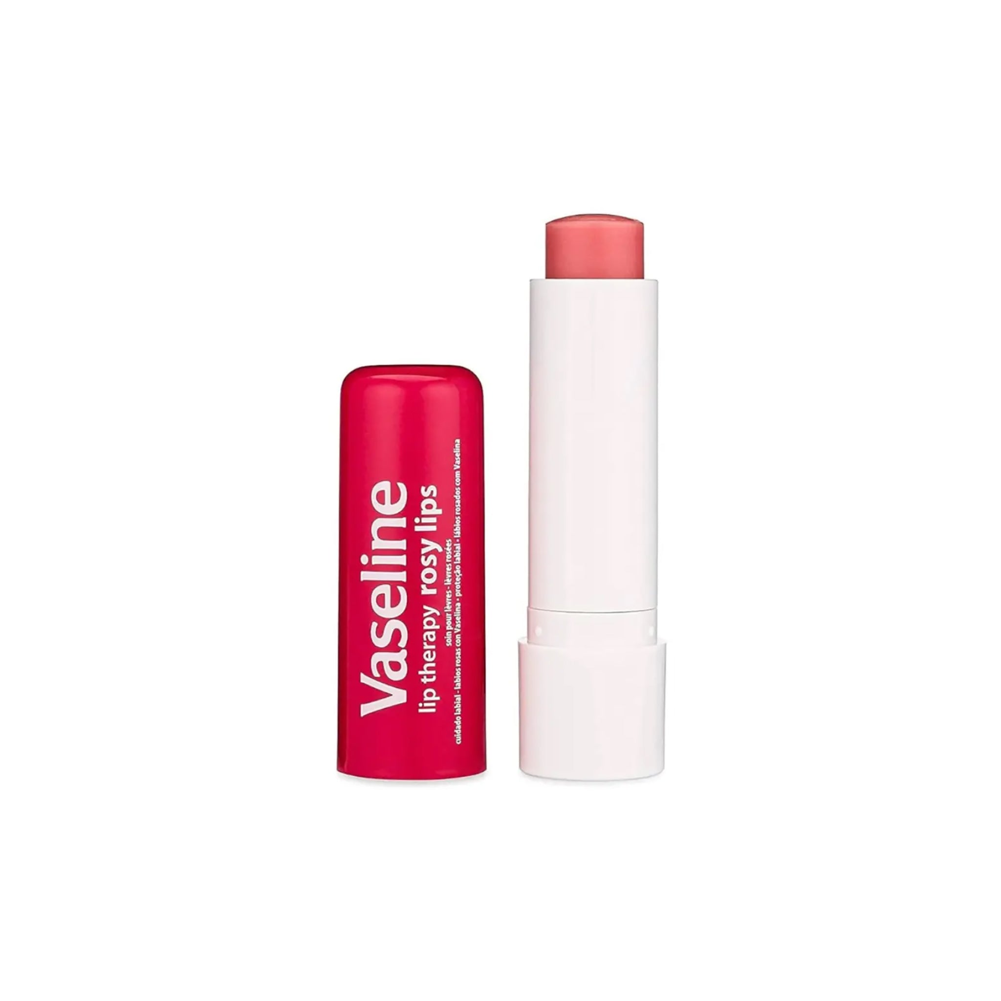 Vaseline Lip Therapy Stick Rosy i hvid hylster med lyserød hætte og rosa farvet balm, 4,8 g, til bløde og fugtede læber.