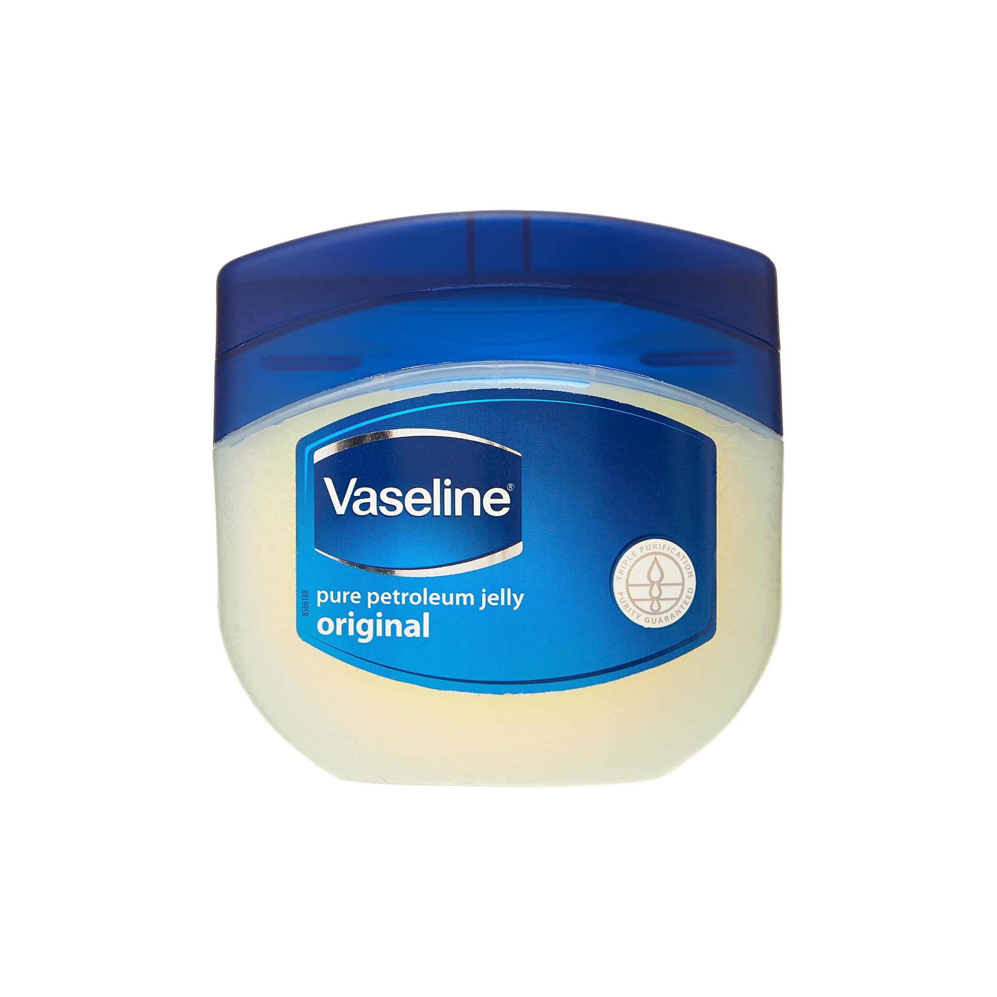 Klar beholder Vaseline Original 250ml med blåt låg, ren petroleum jelly til beskyttelse og heling af tør og irriteret hud.
