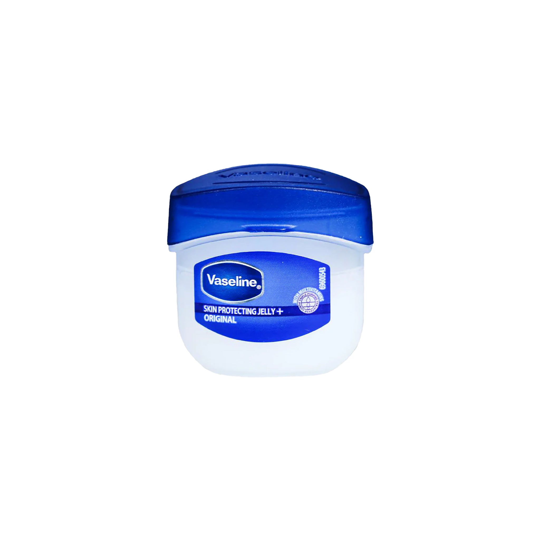 Lille beholder Vaseline Original 5,5g med blå låg, hudbeskyttende gelé til tør hud og læber i praktisk mini-størrelse.