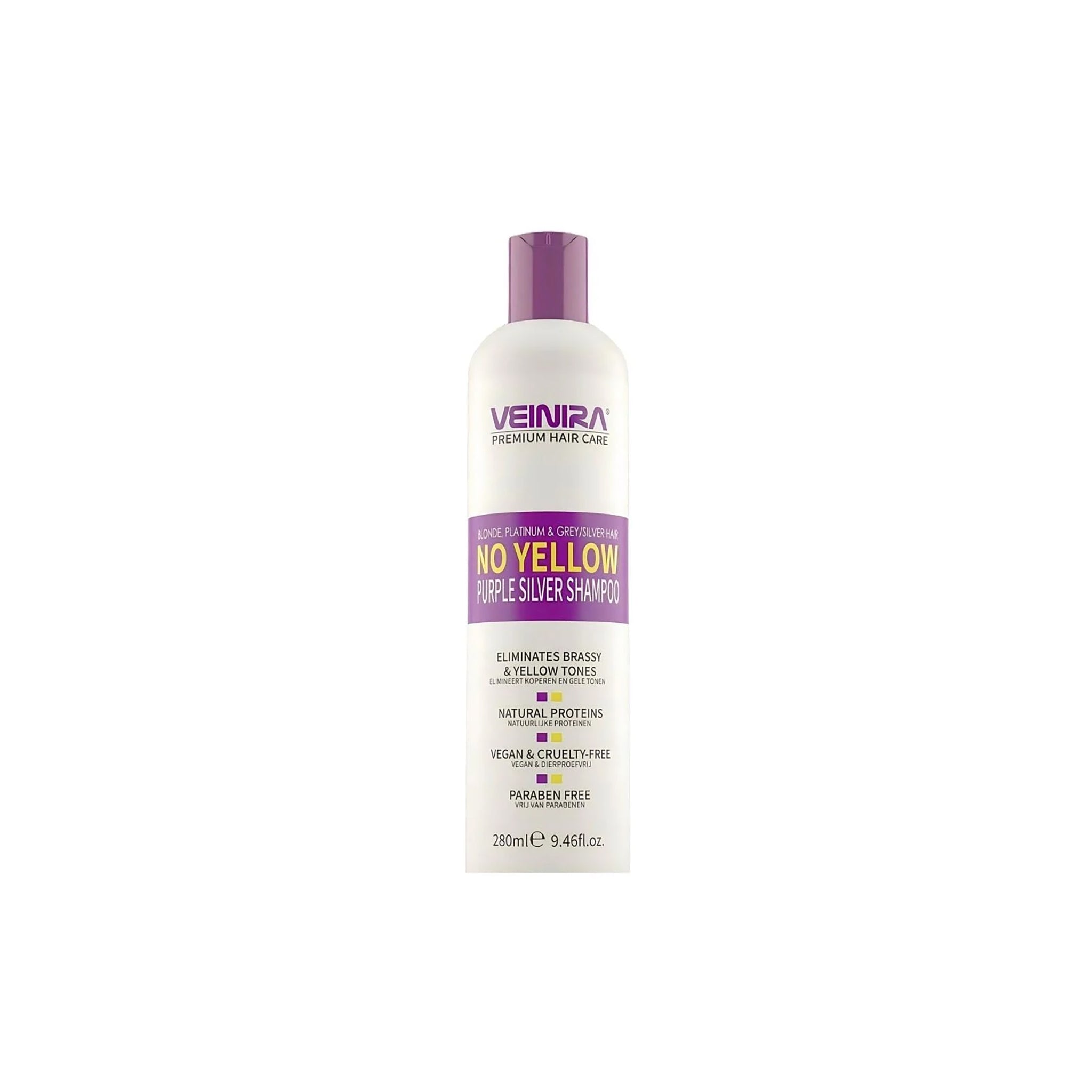 Hvid flaske med Veinira Purple Silver Shampoo 280ml, lilla låg og tekst, designet til at neutralisere gule toner, stående på hvid baggrund.