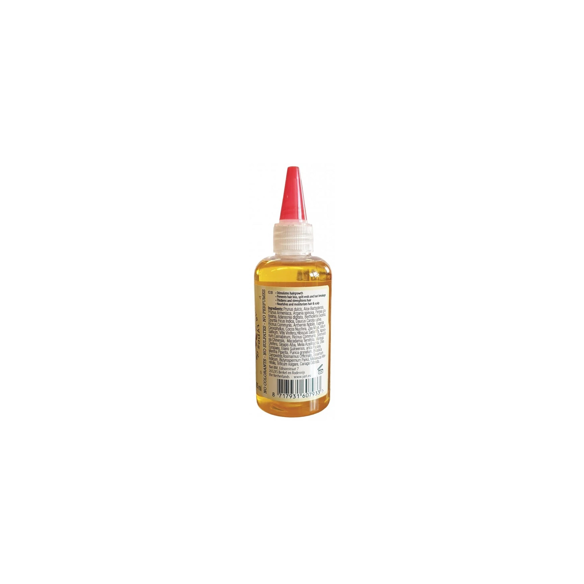 Bagsiden af YARI 100% Naturlig 36-i-1 Olier (105 ml). Klar plastflaske med rød spids doseringshætte. Viser ingrediensliste og information om produktet.