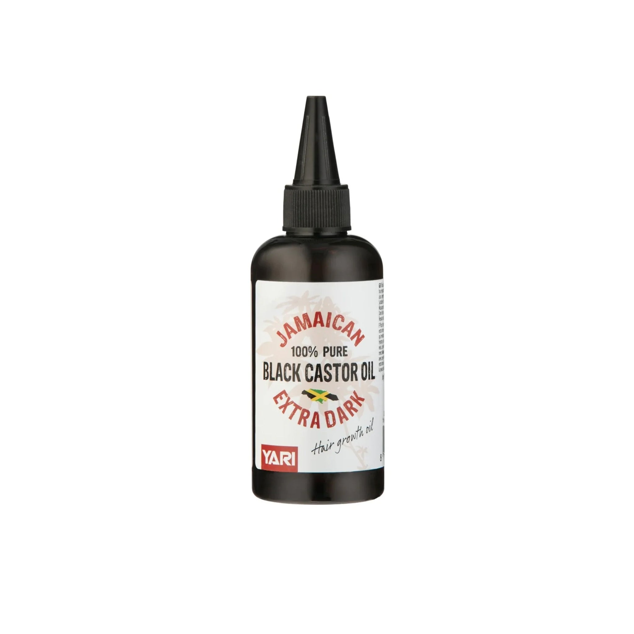 Yari 100% Pure Jamaican Black Castor Oil Extra Dark 105ml. En mørk glasflaske med en spids påføringsspids.