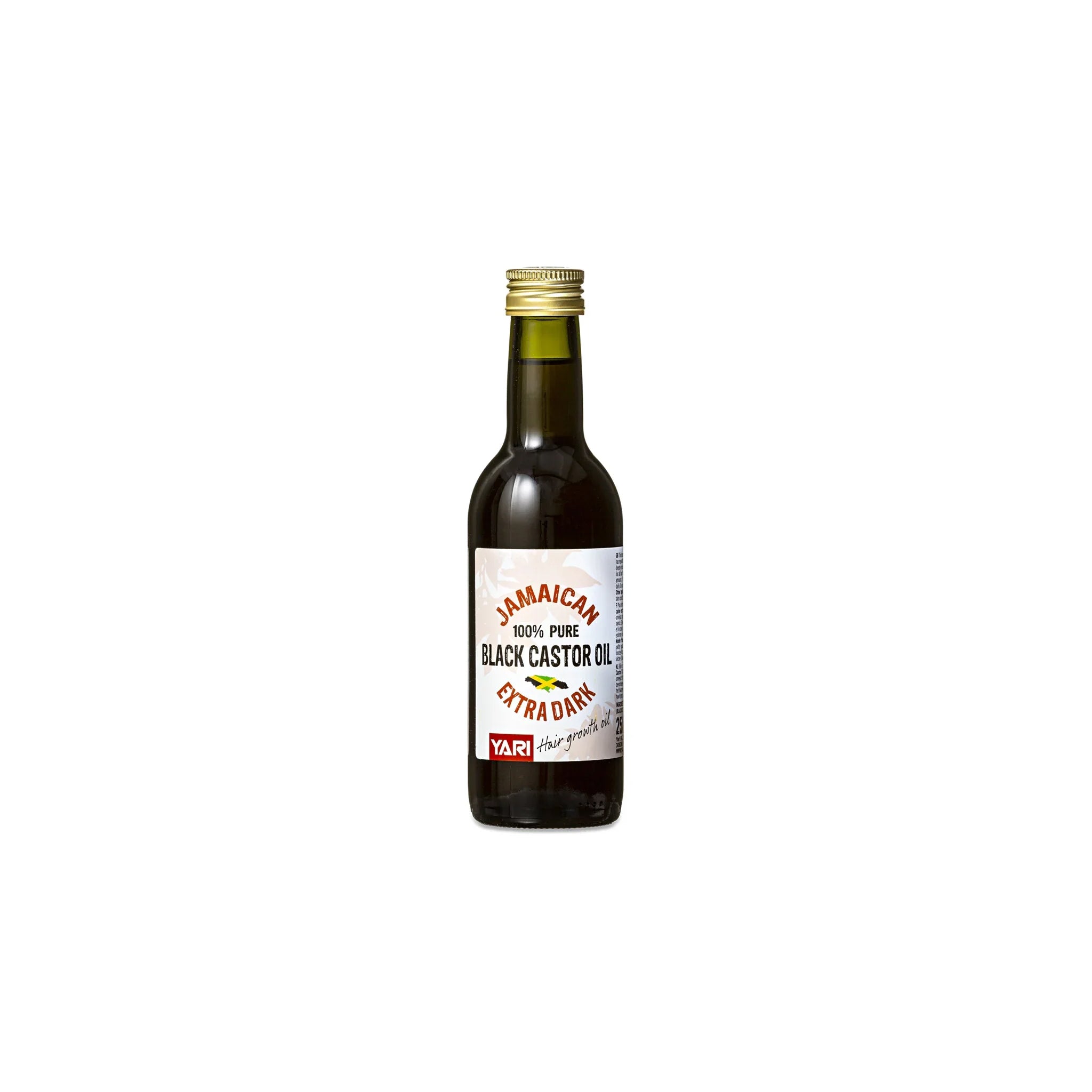 YARI 100% Ren Jamaicansk Sort Castorolie Ekstra Mørk (250 ml). Mørk glasflaske med gyldent låg, indeholdende ekstra mørk sort castorolie. Anvendes til hårvækst og pleje.