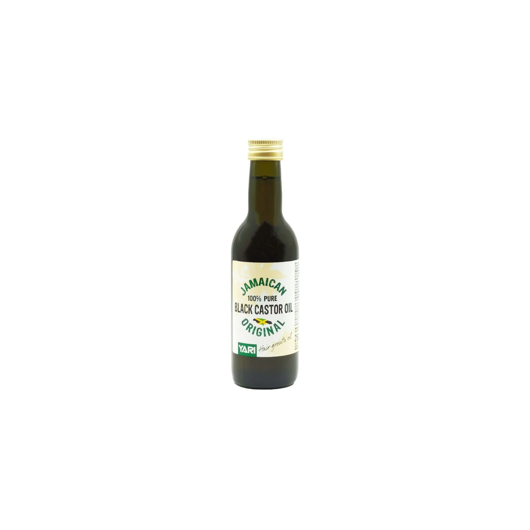 YARI 100% Ren Jamaicansk Sort Castorolie (Original, 250 ml). Mørk glasflaske med gyldent låg, indeholdende sort castorolie. Anvendes til hårvækst og pleje.