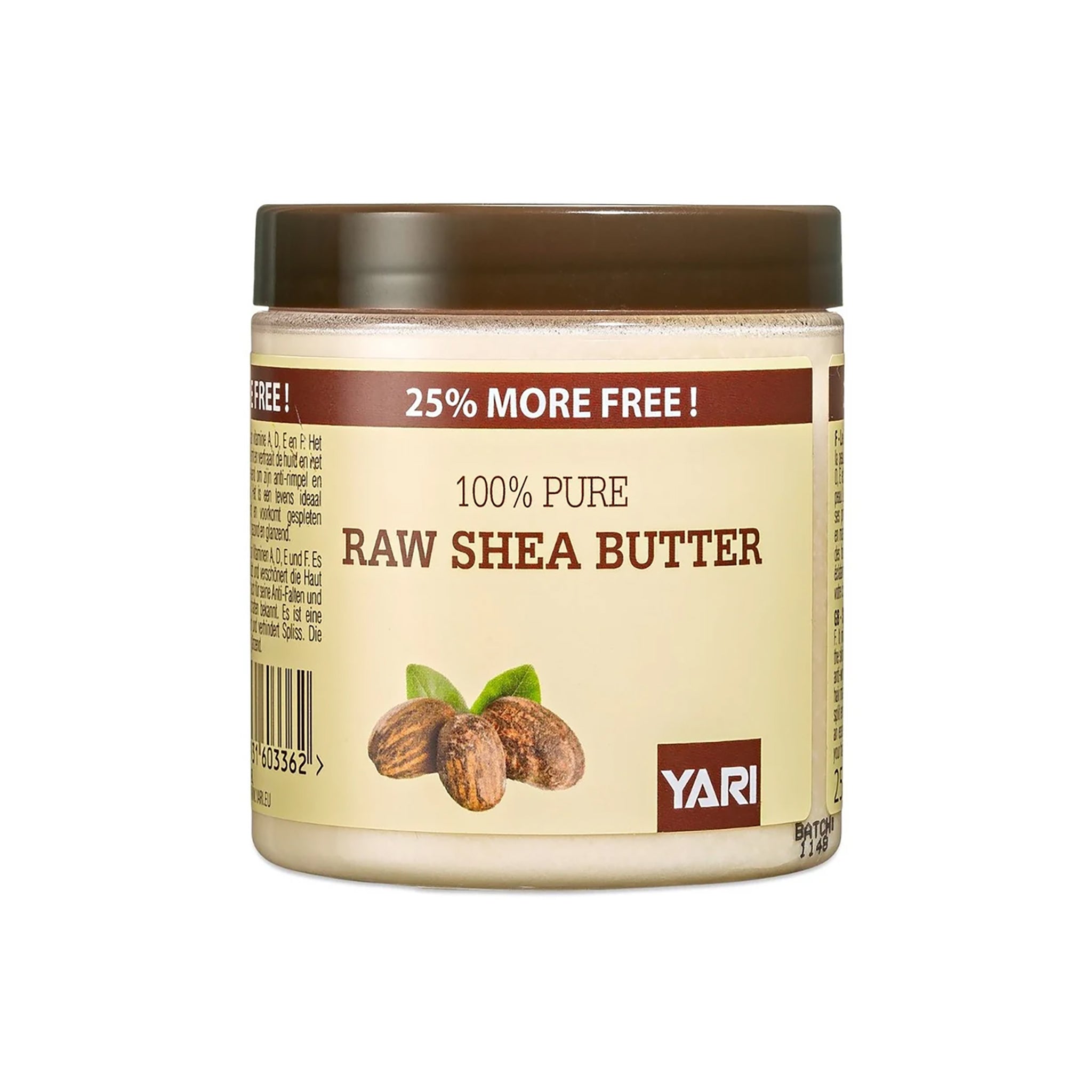 YARI 100% Ren Rå Sheasmør (250 ml). Klar dåse i plast med hvidt låg, indeholdende rå sheasmør. Naturlig sheasmør til pleje af hud og hår.