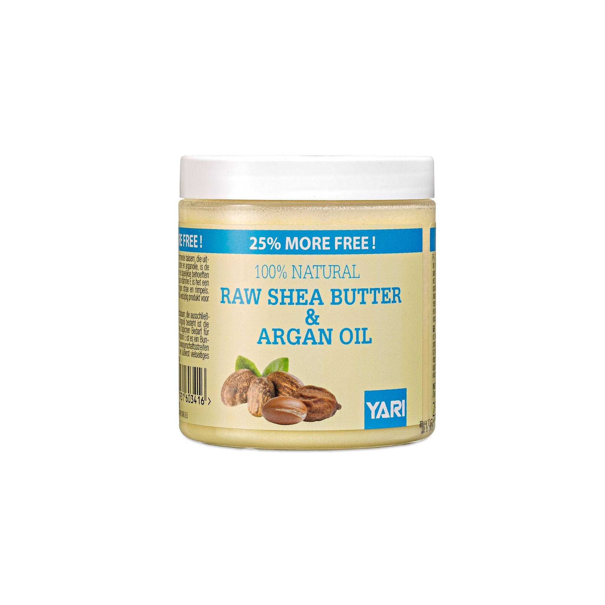YARI 100% Raw Shea Butter & Argan Oil (250 ml). Klar krukke med hvidt låg, indeholdende rå sheasmør og arganolie. Naturlig blanding af sheasmør og arganolie til hud- og hårpleje.