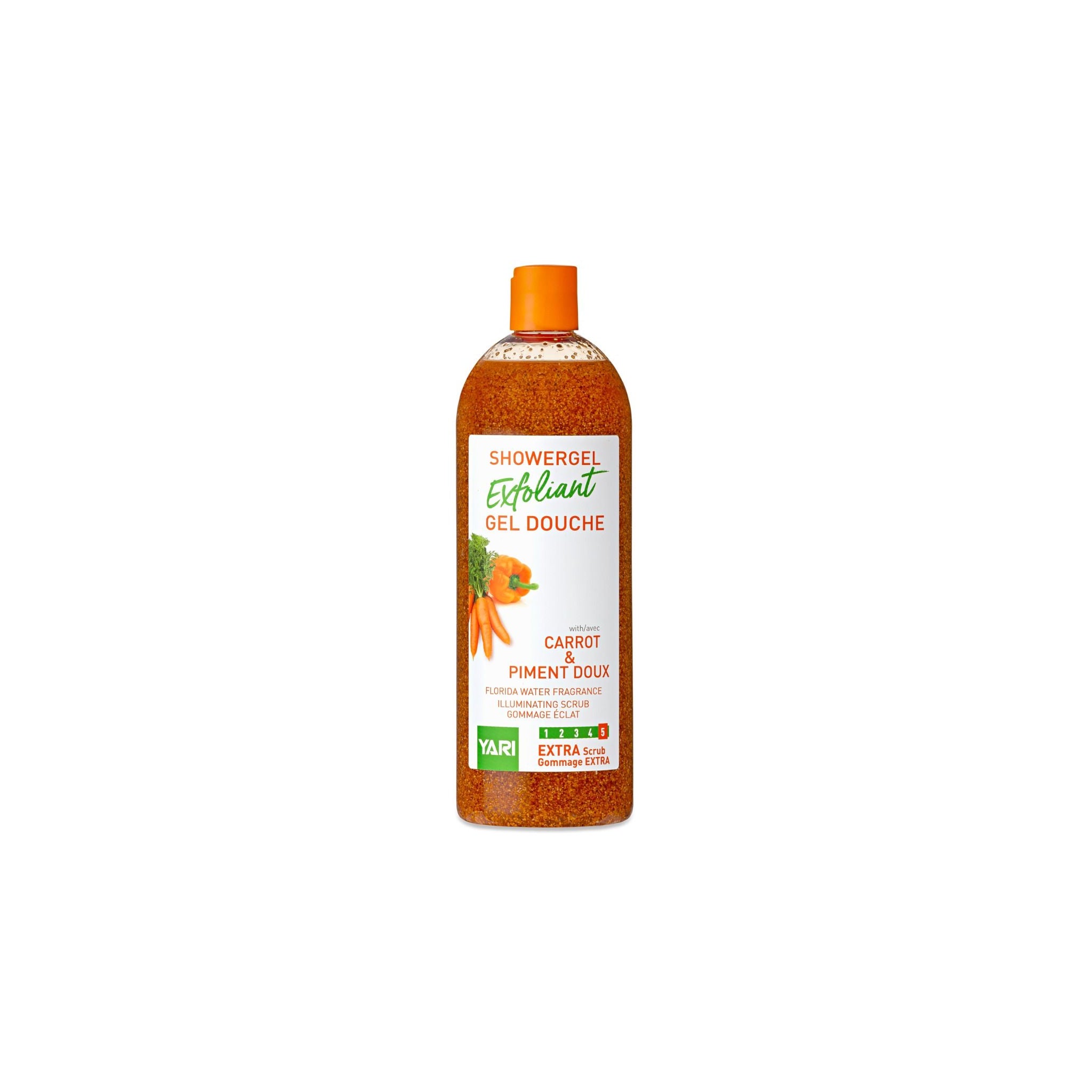 YARI Exfoliant Showergel Gulerod & Sød Chili (1000 ml). Stor, klar flaske med orange indhold og orange låg. Eksfolierende showergel med gulerod og sød chili, med Florida Water duft, der virker opklarende.