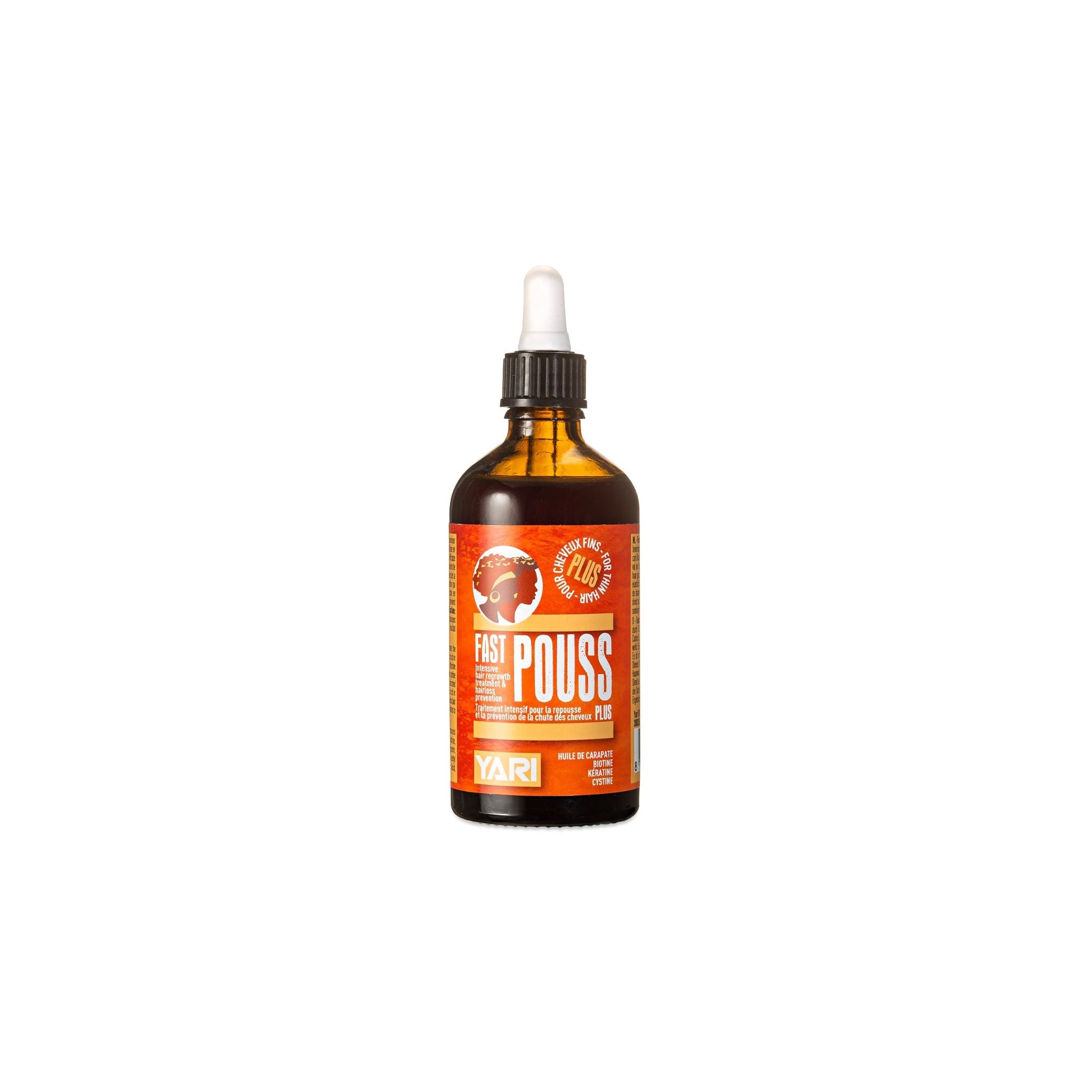 YARI Fast Pouss For Thin Hair (100 ml). Brun glasflaske med hvid pipette. Hårserum/olie til tyndt hår for at fremme hårvækst og styrke håret.