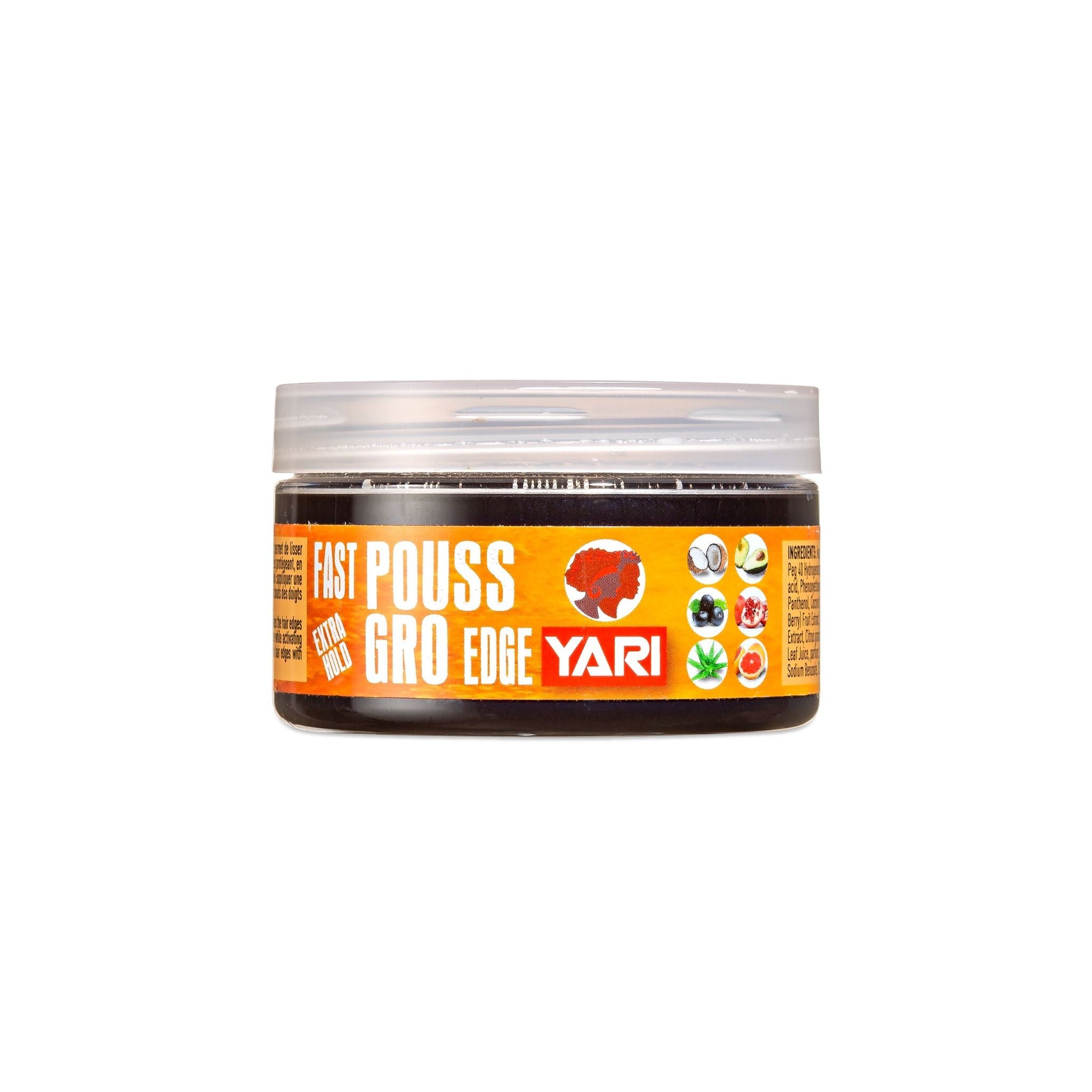 YARI Fast Pouss Gro Edge Extra Hold (125 ml). Rund, klar bøtte med sort indhold og orange etiket. Hårvoks/edge control til at style og fremme hårvækst. CG-Approved, uden rester (sans résidu) og drysser ikke (non-flaking).